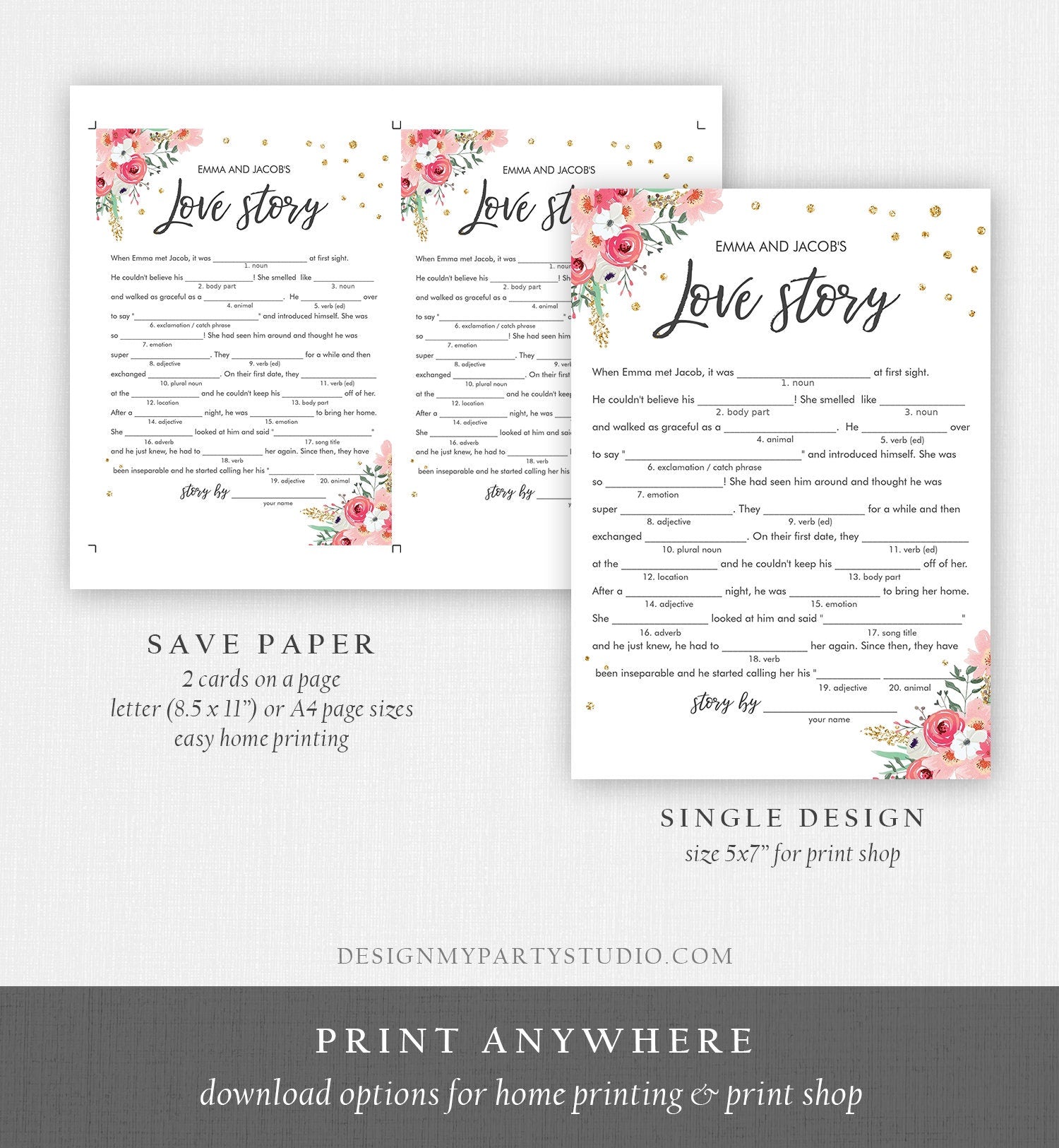 Editable Love Story Bridal Shower Game Funny Pink Floral Gold Confetti Shower Activity Wedding Foliage Download Corjl Template 0030 0318