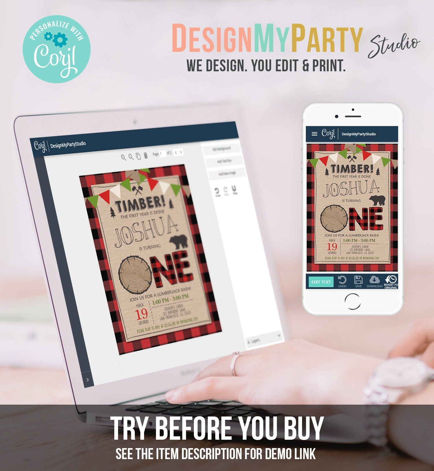 Editable Lumberjack Birthday Invitation Rustic Woodland Birthday Bear Forest Red Plaid Instant Download Printable Template Corjl 0026