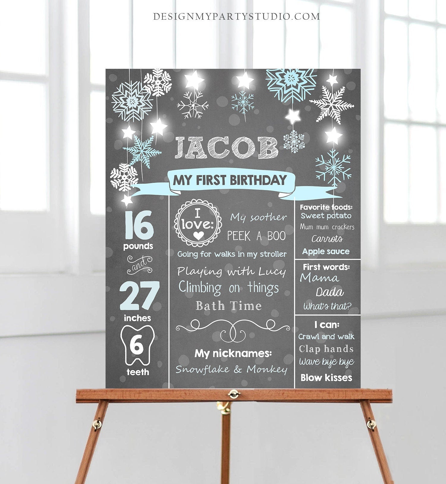 Editable Winter Onederland Birthday Milestones Sign First Birthday 1st Snowflakes Boy Blue Teal Cold Outside Digital Template Printable 0057