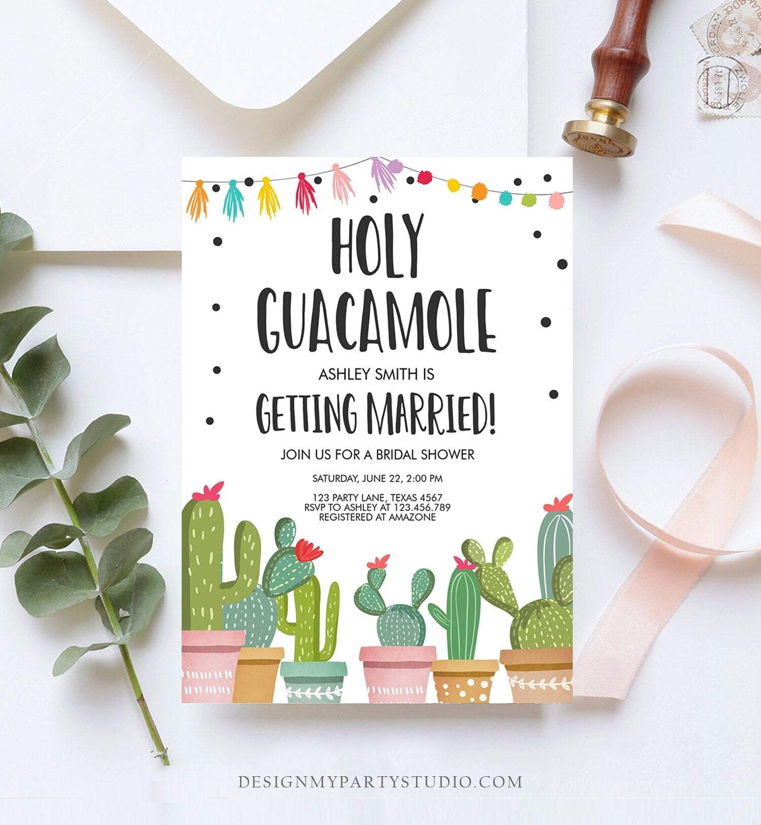 Editable Holy Guacamole Bridal Shower Invitation Fiesta Couples Shower Cactus Succulent Mexican Download Corjl Template Printable 0254