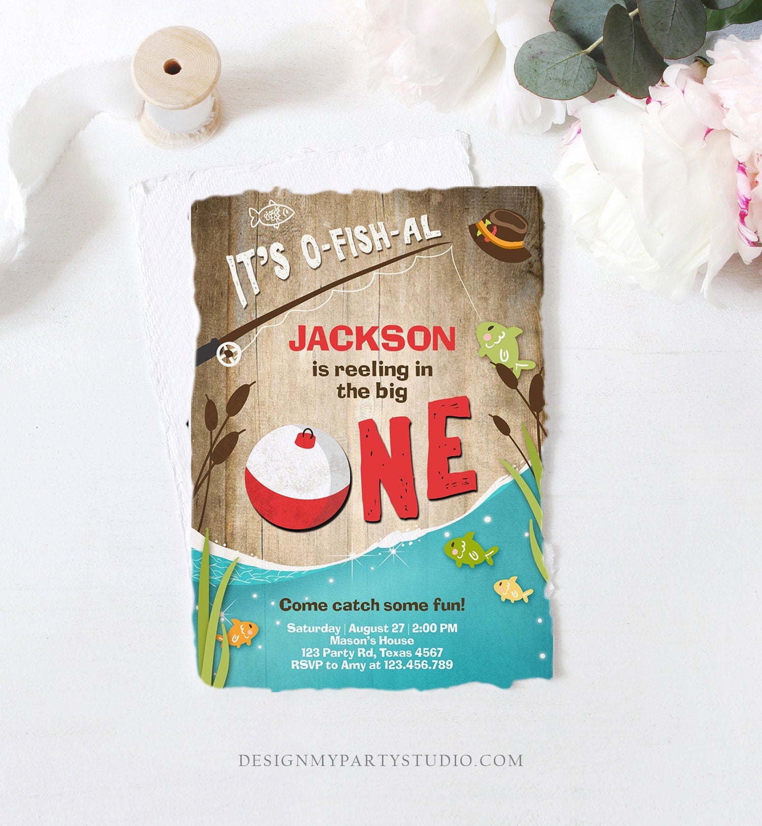 Editable First Birthday Fishing Invitation Fishing Party The Big One O-fish-al Gone Fishing Boy Download Printable Template Corjl 0080