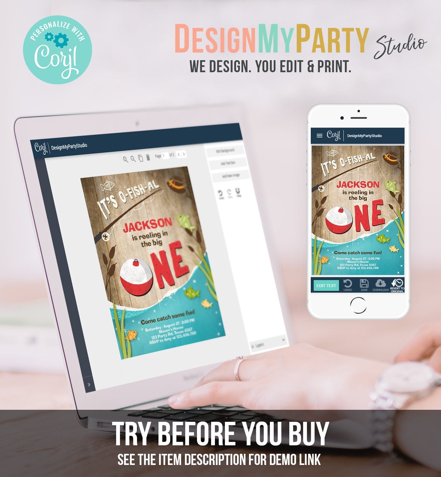 Editable First Birthday Fishing Invitation Fishing Party The Big One O-fish-al Gone Fishing Boy Download Printable Template Corjl 0080