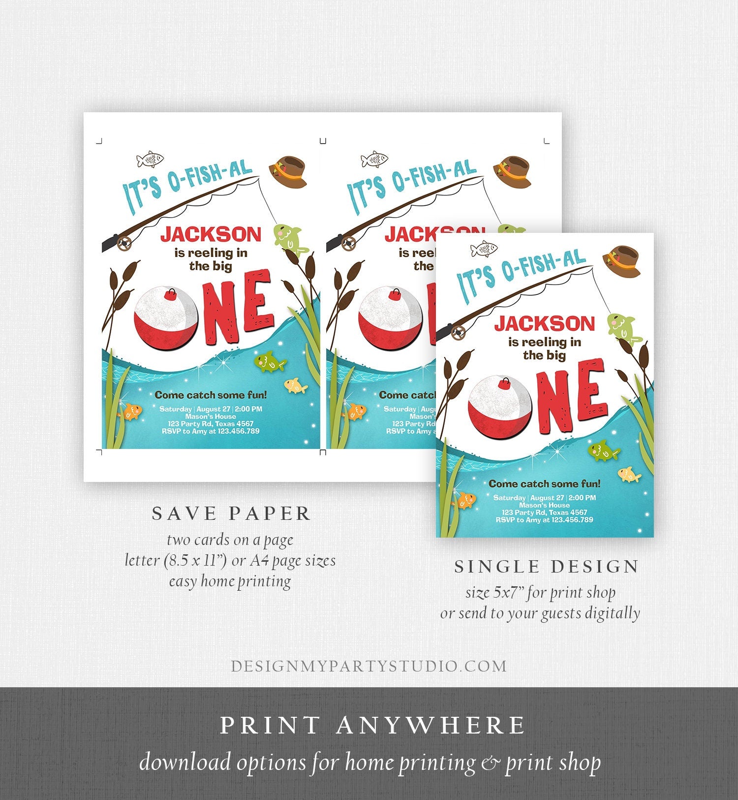 Editable First Birthday Fishing Invitation Fishing Party The Big One O-fish-al Gone Fishing Boy Download Printable Template Corjl 0080