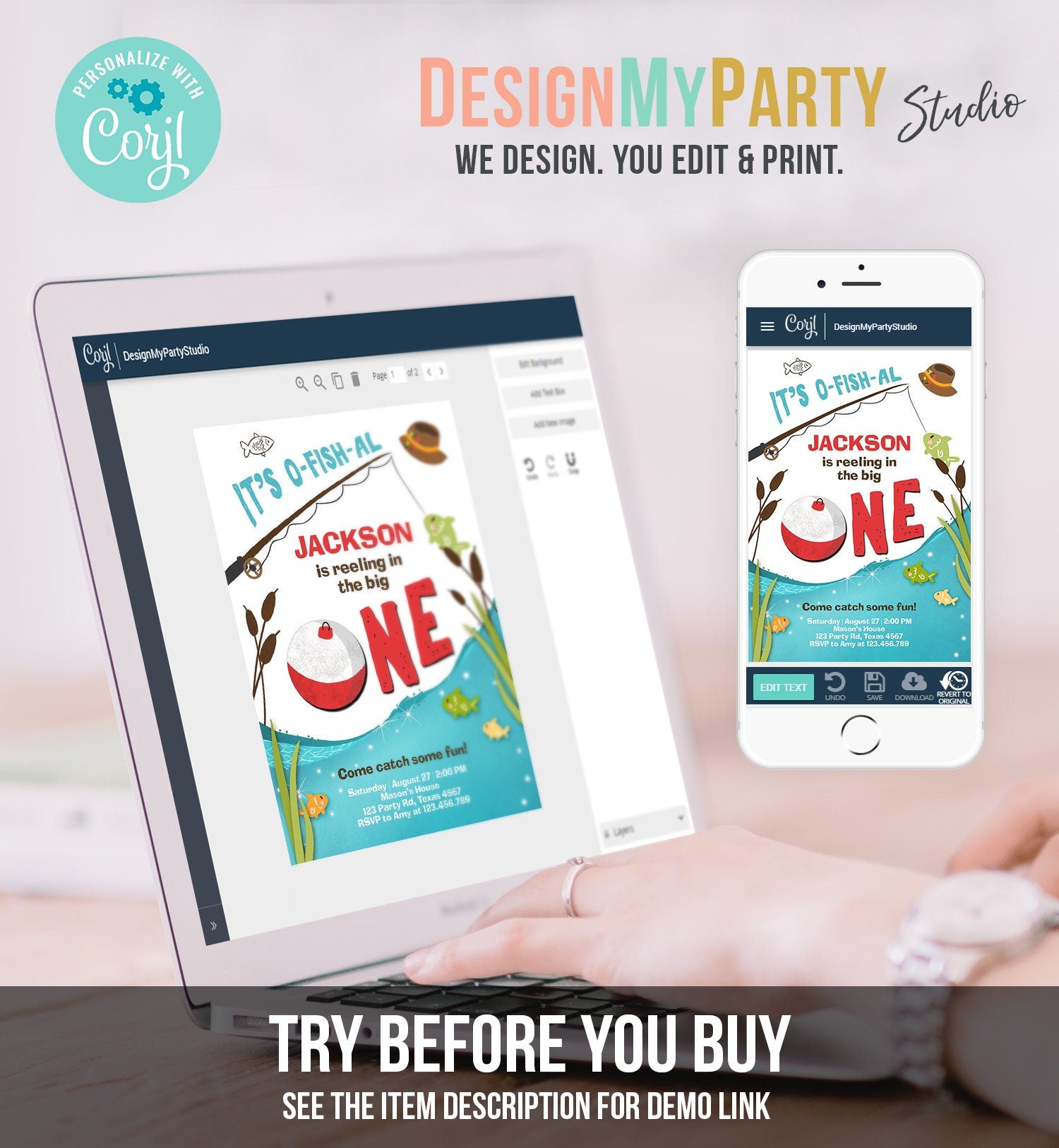 Editable First Birthday Fishing Invitation Fishing Party The Big One O-fish-al Gone Fishing Boy Download Printable Template Corjl 0080