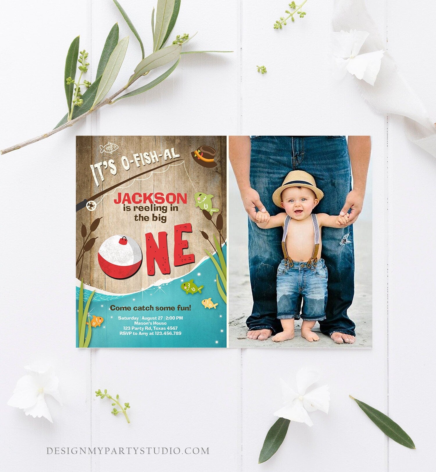 Editable First Birthday Fishing Invitation Fishing Party The Big One O-fish-al Gone Fishing Wood Boy Download Printable Template Corjl 0080