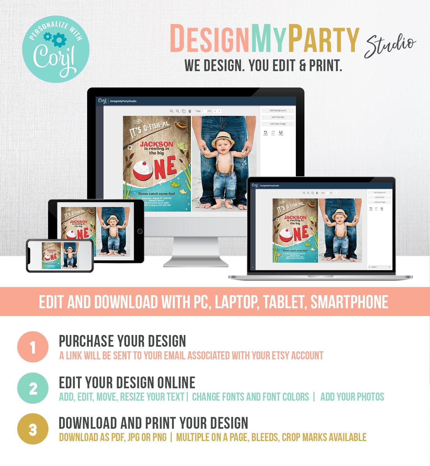 Editable First Birthday Fishing Invitation Fishing Party The Big One O-fish-al Gone Fishing Wood Boy Download Printable Template Corjl 0080