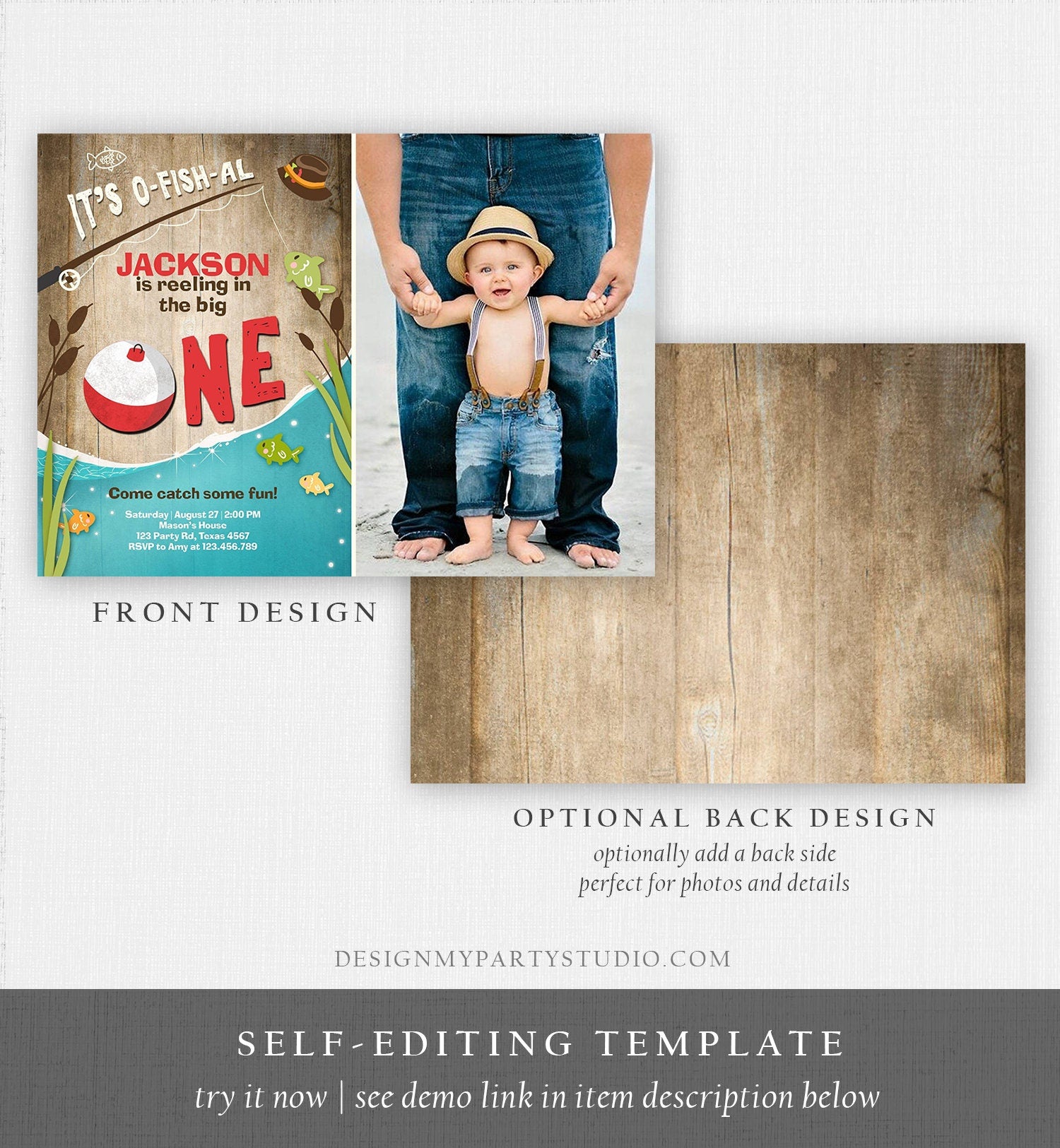 Editable First Birthday Fishing Invitation Fishing Party The Big One O-fish-al Gone Fishing Wood Boy Download Printable Template Corjl 0080