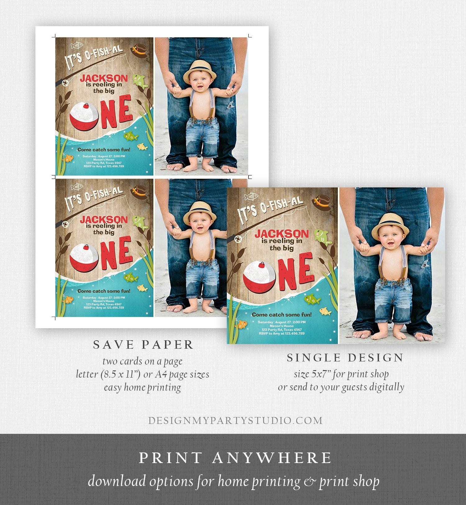Editable First Birthday Fishing Invitation Fishing Party The Big One O-fish-al Gone Fishing Wood Boy Download Printable Template Corjl 0080