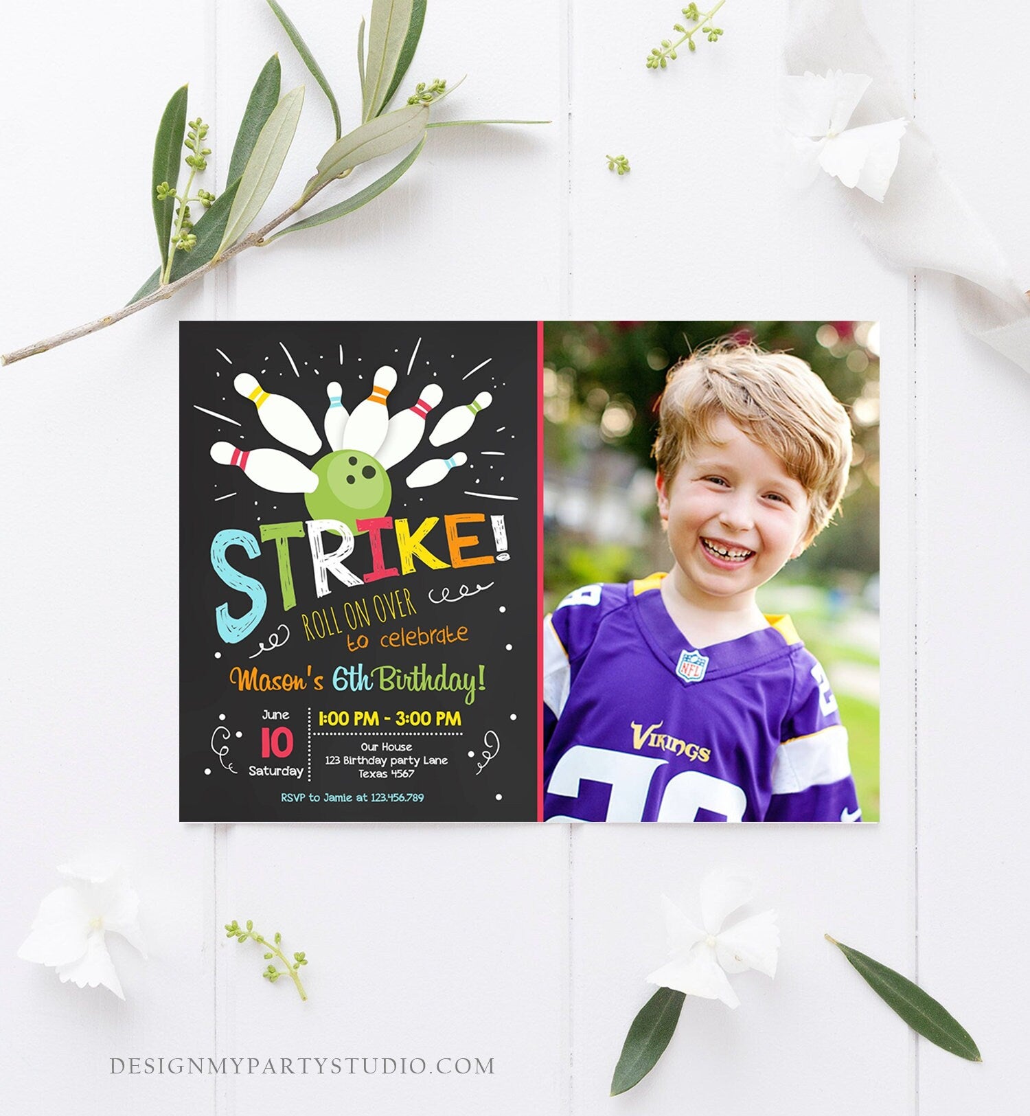 Editable Bowling Birthday Invitation Boys Red Blue Bowling Party Strike Kids Birthday Instant Download Printable Invite Template Corjl 0081
