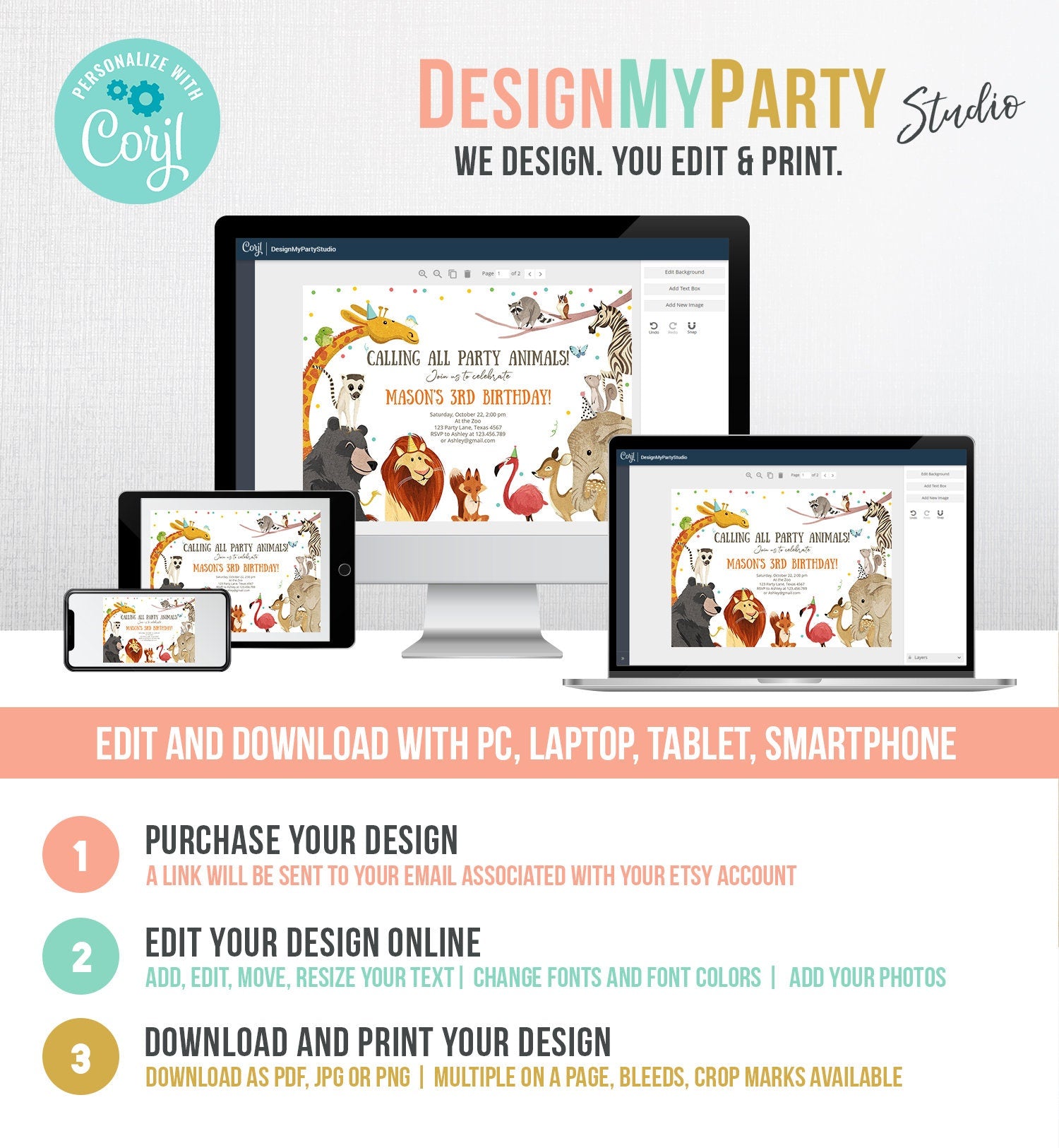 Editable Calling All Party Animals Birthday Invitation Wild One Safari Animals Safari Party Digital Download Evite Template Printable 0196