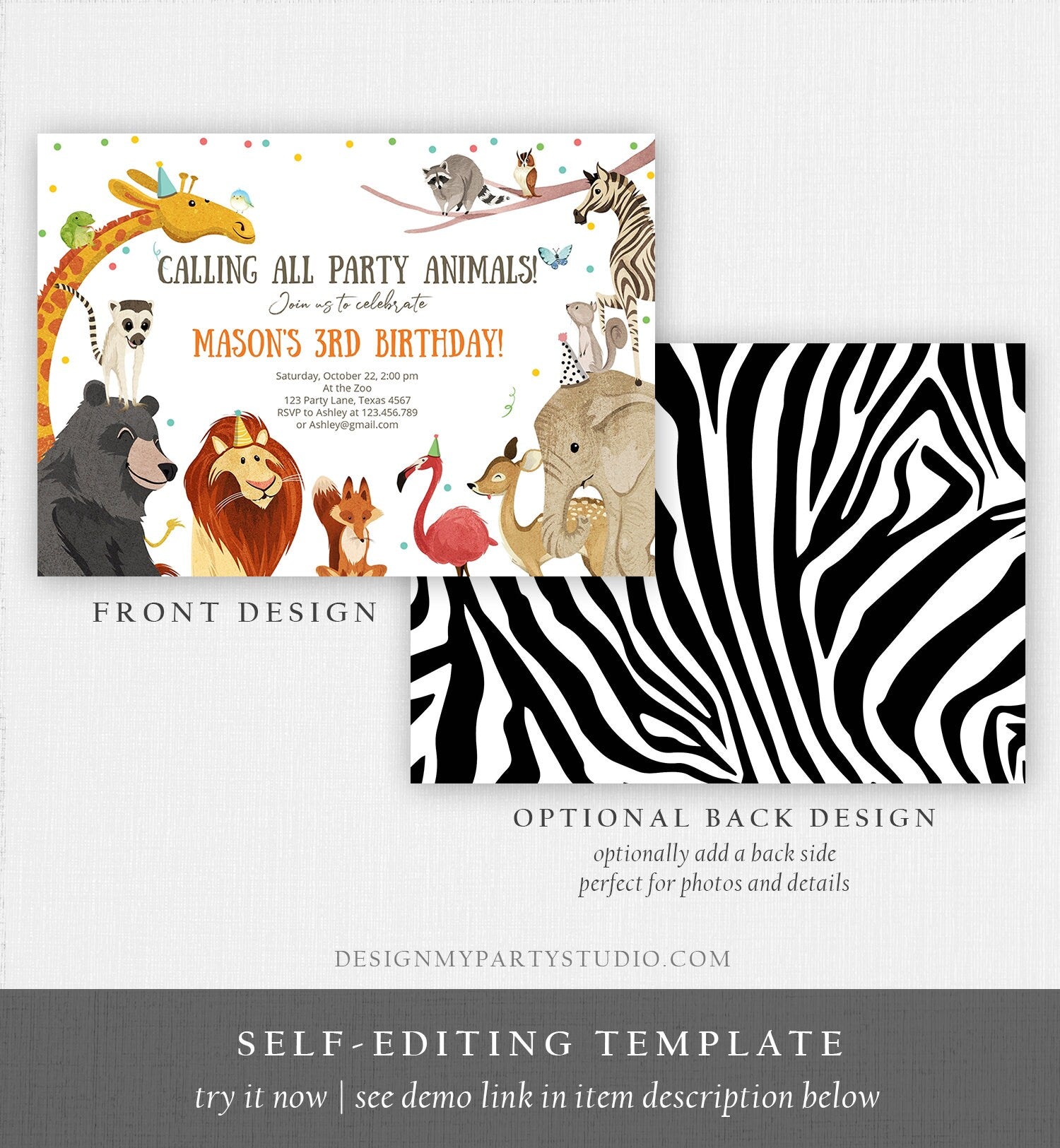 Editable Calling All Party Animals Birthday Invitation Wild One Safari Animals Safari Party Digital Download Evite Template Printable 0196