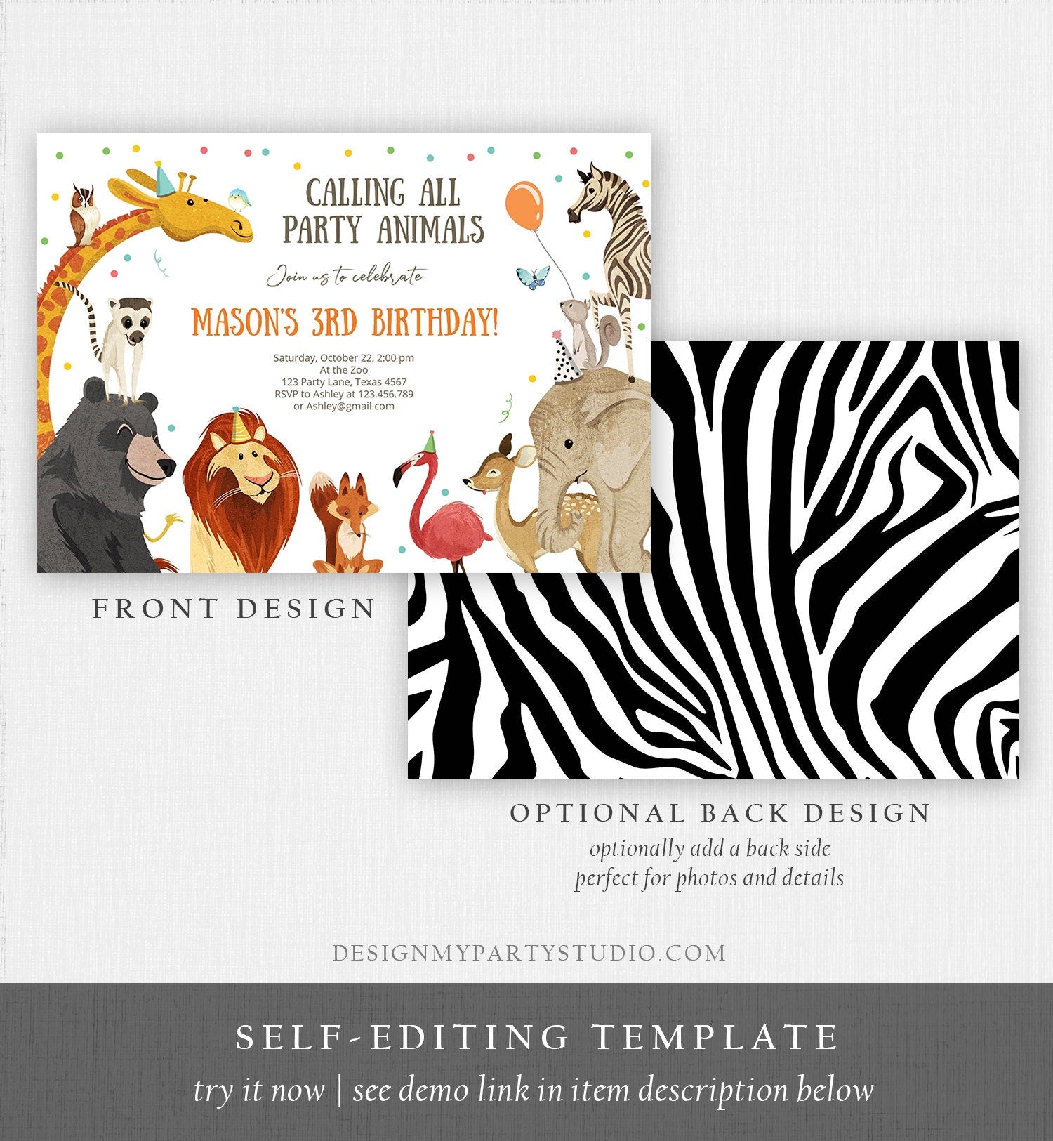 Editable Party Animals Birthday Invitation Calling All Safari Animals Wild Zoo Boy Digital Download Evite Template Printable 0196