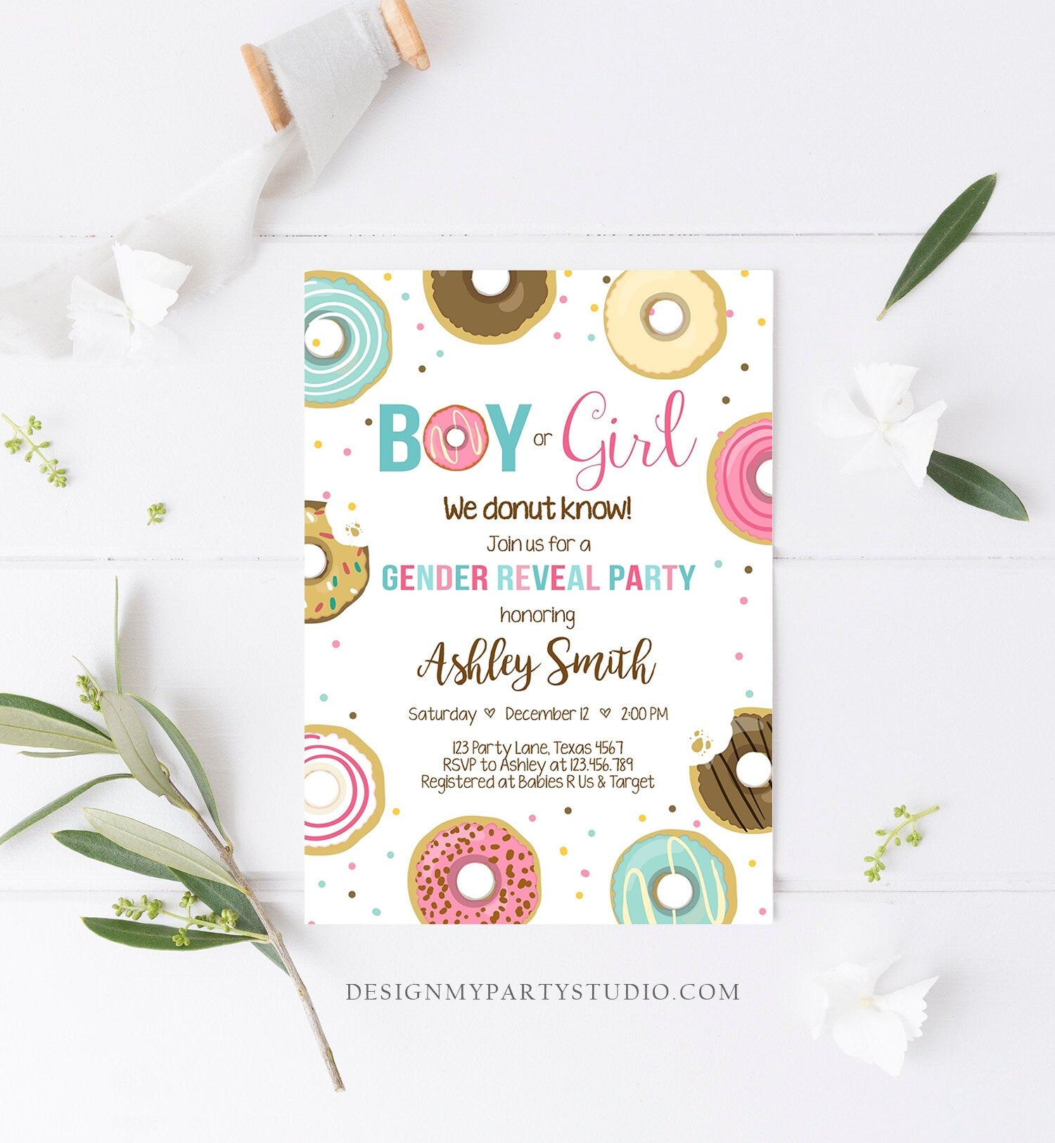 Editable Donut Gender Reveal Invitation Baby Shower Boy or Girl Pink or Blue He or She Pink Sweet Corjl Template Download Digital 0050