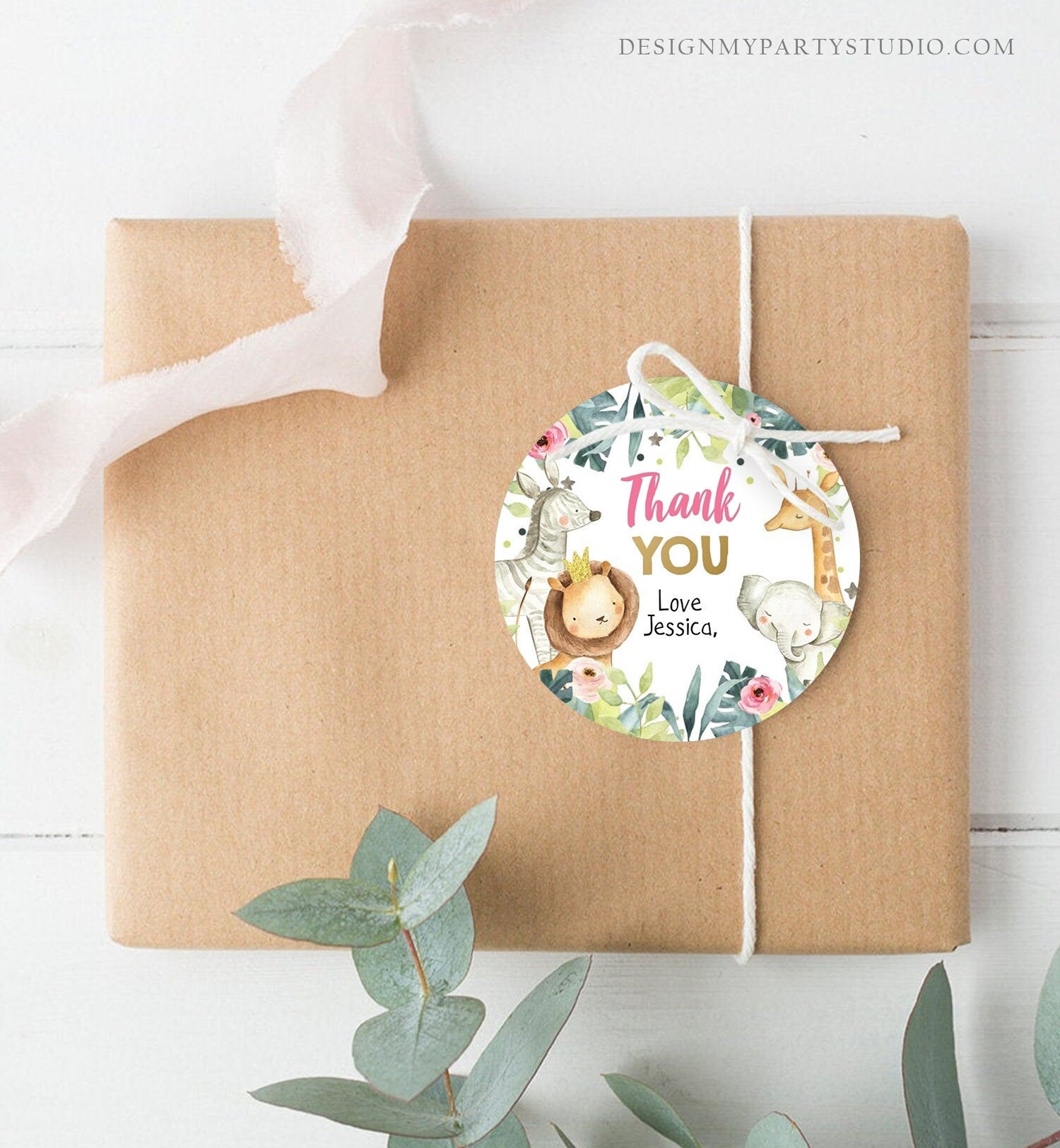 Editable Safari Animals Favor Tag Stickers Party Animals Pink Gold Thank You Animals Gift Tag Girl Lion Digital Template Printable 0163