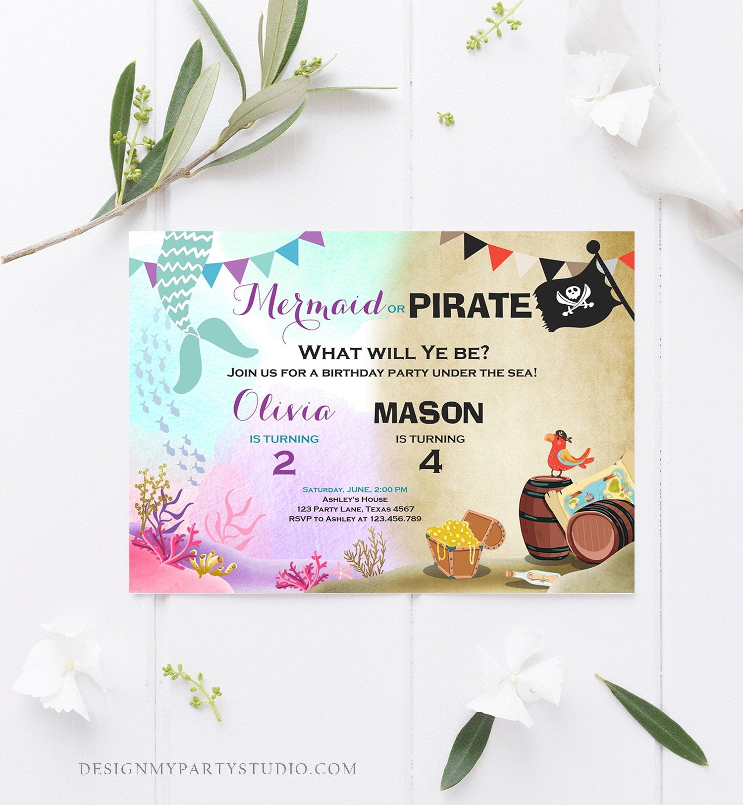 Editable Mermaid and Pirate Birthday Invitation Sibling Pirate or Mermaid Invite Boy and Girl Joint Download Printable Template Corjl 0293
