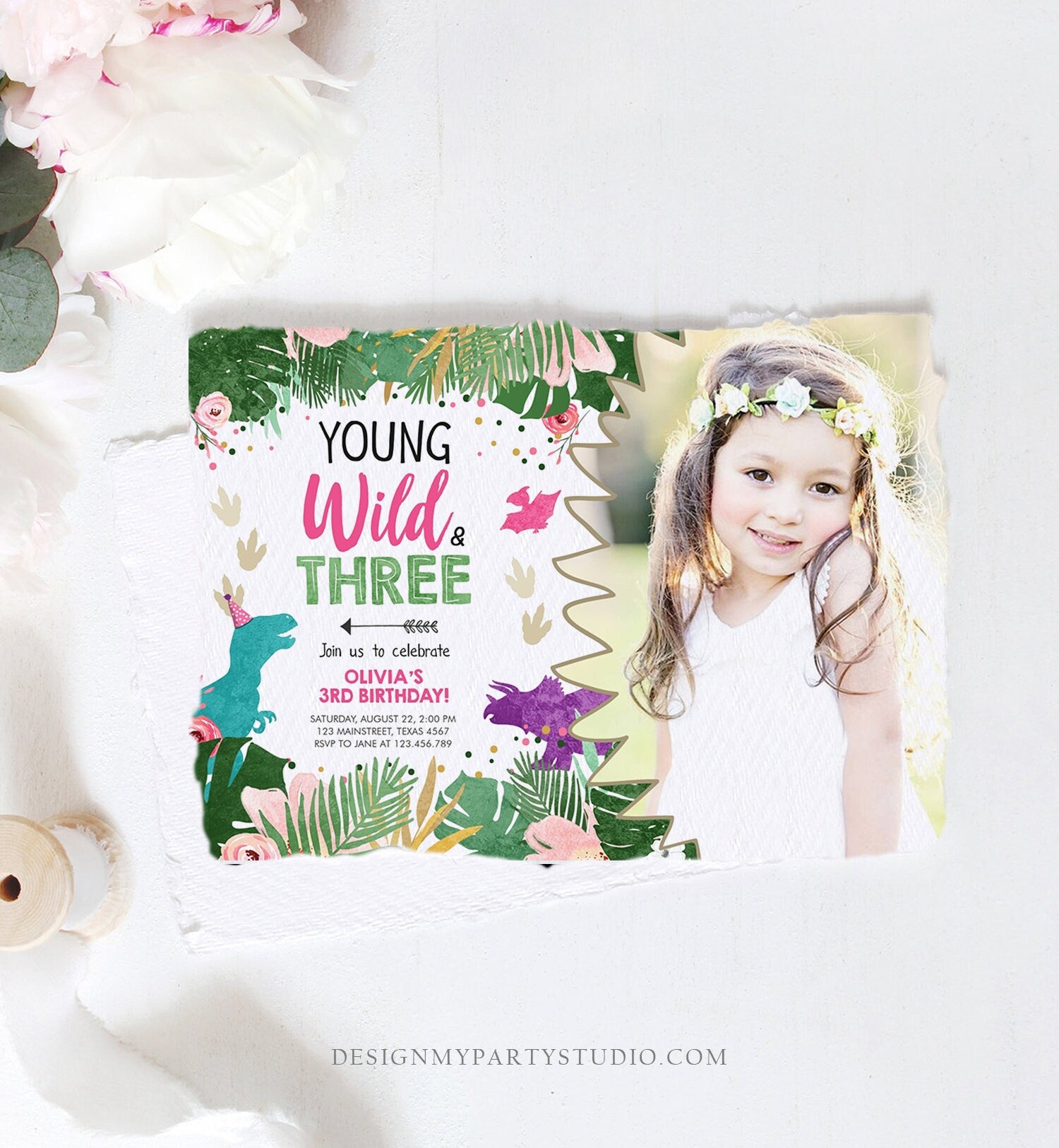 Editable Young Wild and Three Birthday Invitation Dinosaur Dino Party Girl 3rd Third Birthday Pink Purple Digital Template Printable 0388