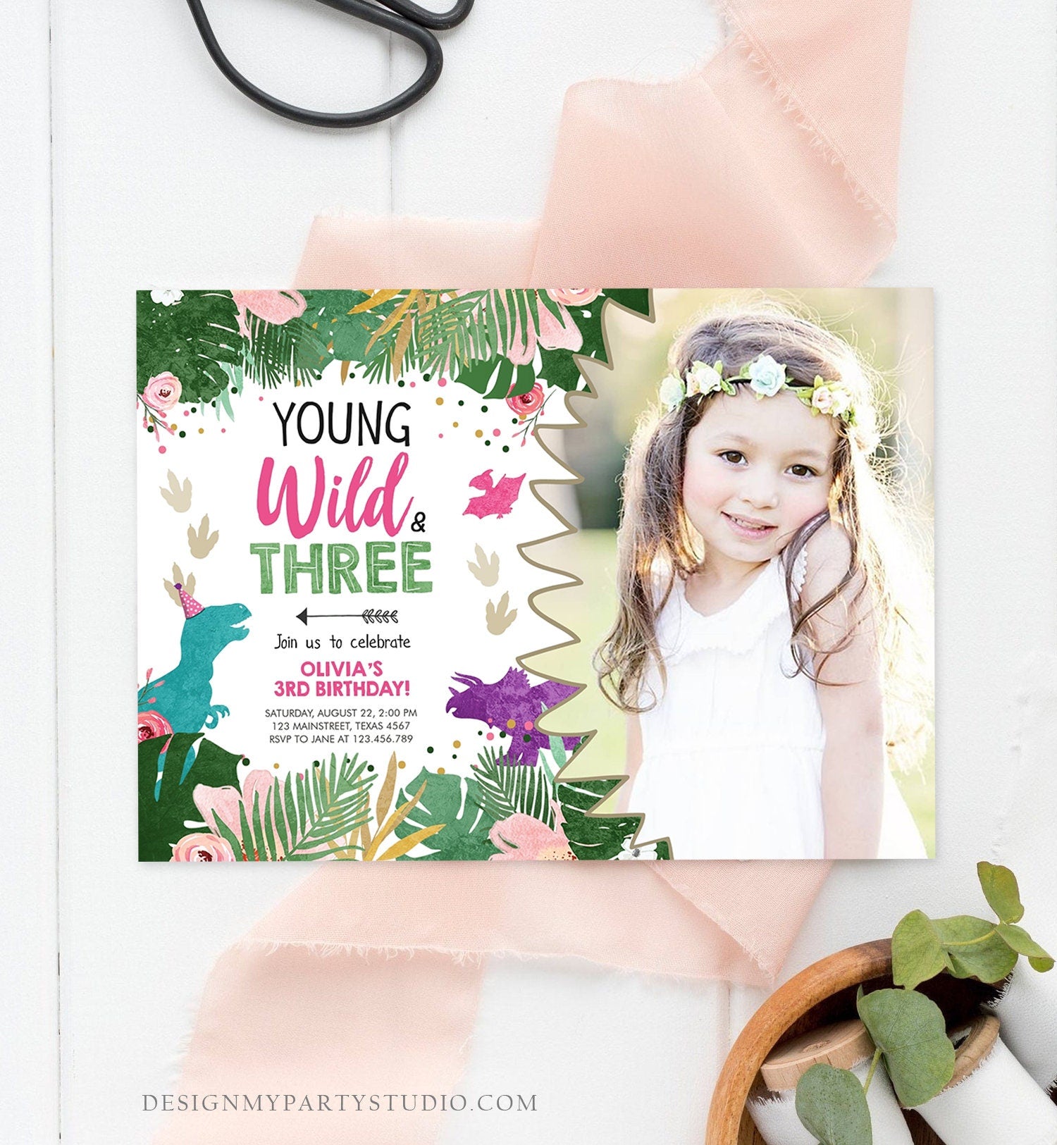 Editable Young Wild and Three Birthday Invitation Dinosaur Dino Party Girl 3rd Third Birthday Pink Purple Digital Template Printable 0388