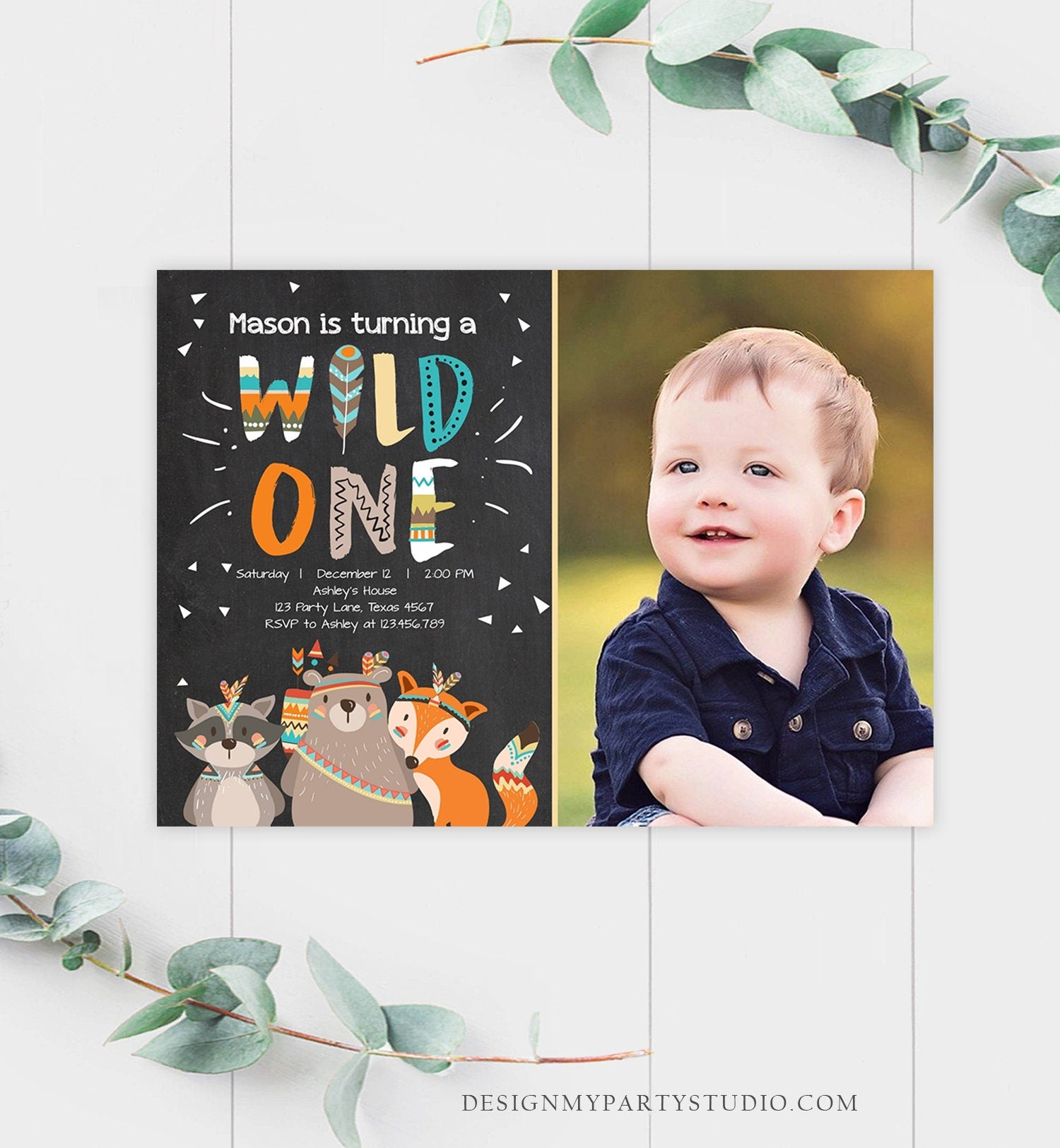 Editable Tribal Woodland Wild One First Birthday Invitation Boho Woodland Animals Boy Chalk Photo Printable Template Corjl Digital 0061