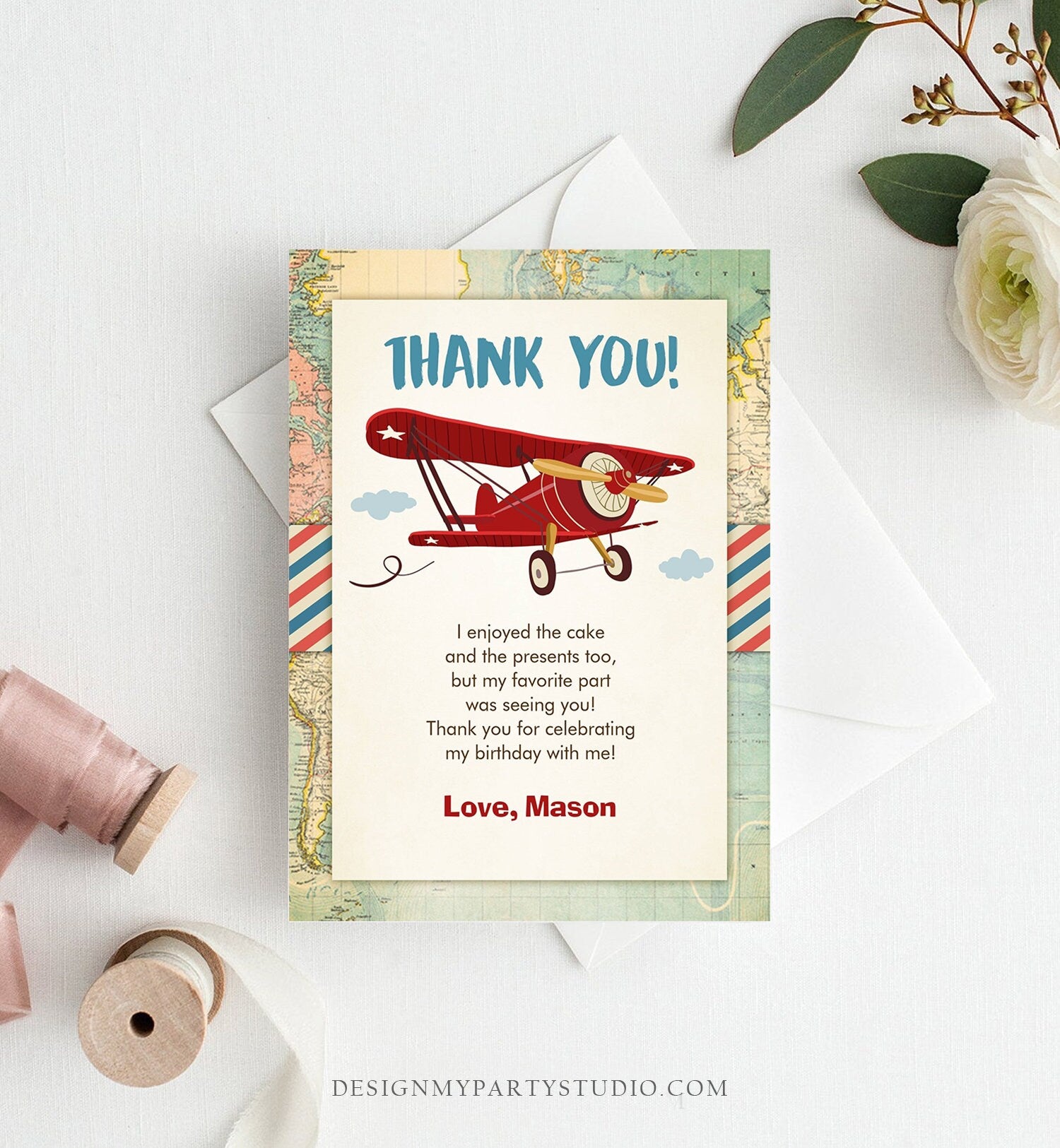 Editable Airplane Thank You Card Airplane Birthday Adventure Travel Baby Shower Vintage Red Plane Aircraft Download Corjl Template 0011