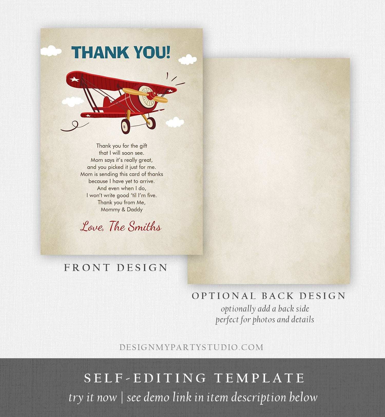 Editable Airplane Thank You Card Airplane Birthday Adventure Travel Baby Shower Vintage Red Plane Aircraft Download Corjl Template 0011