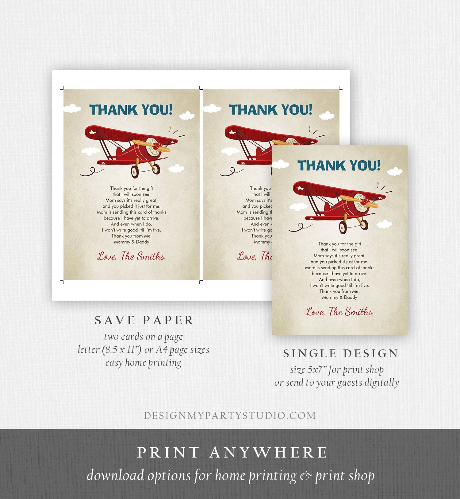 Editable Airplane Thank You Card Airplane Birthday Adventure Travel Baby Shower Vintage Red Plane Aircraft Download Corjl Template 0011