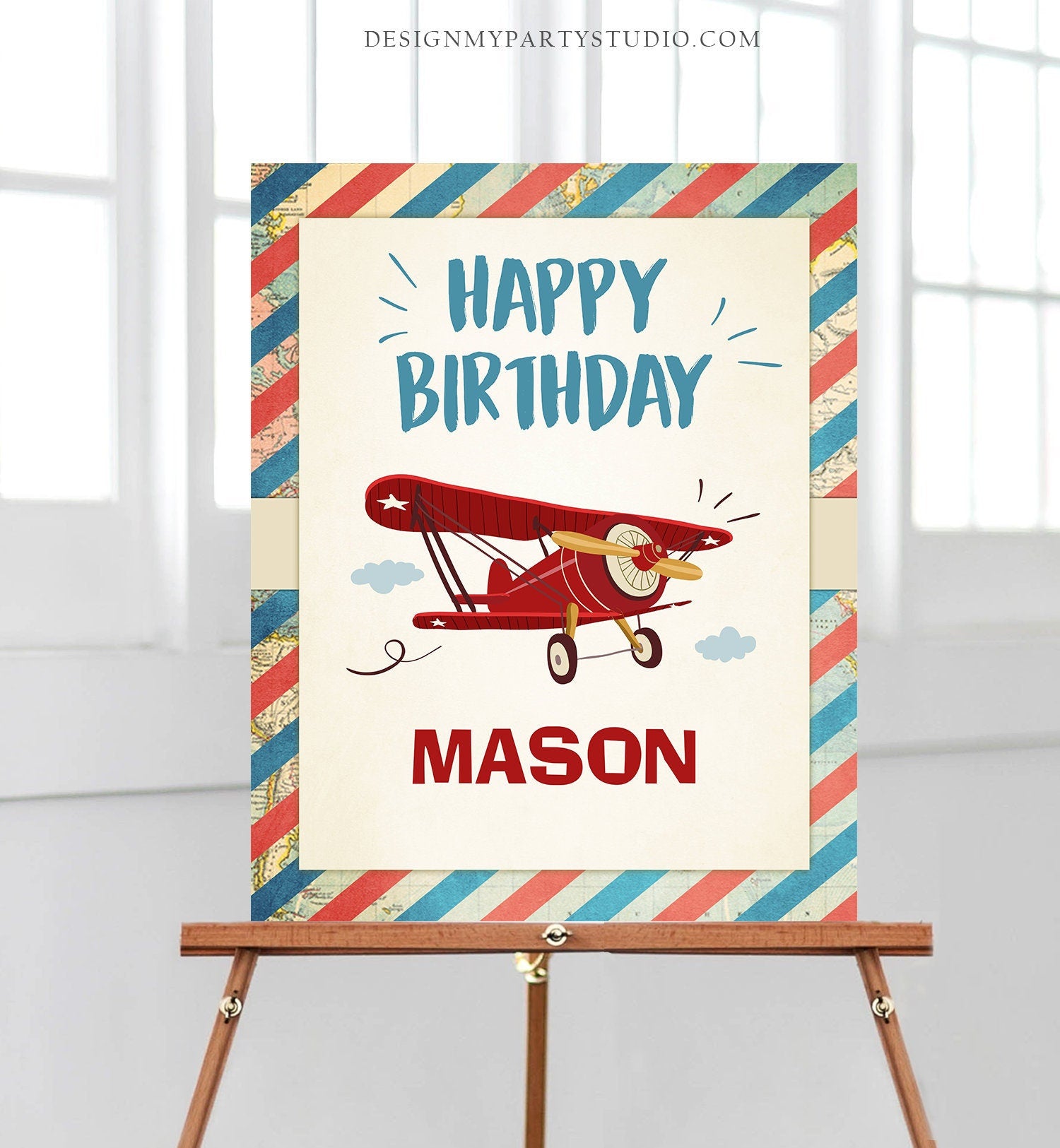 Editable Airplane Birthday Welcome Sign Happy Birthday Boy Vintage Airplane Decor Table Sign Red Aircraft Plane Sky Template Printable 0011