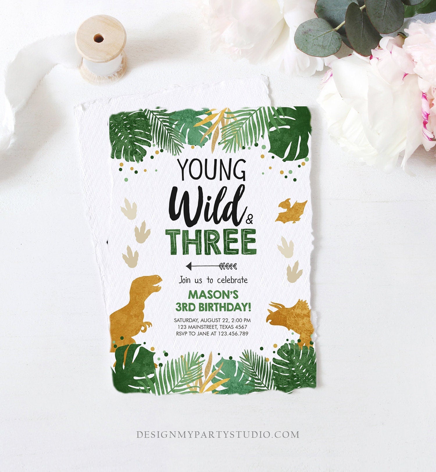 Editable Young Wild and Three Dinosaur Birthday Invitation Dino Party TRex Boy 3rd Third Birthday Evite Digital Template Printable 0146