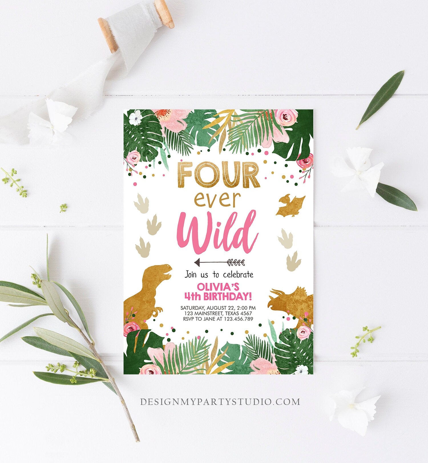 Editable Four Ever Wild Birthday Invitation Dinosaur Dino Party Girl 4th Fourth Birthday Pink Gold Fourever Digital Template Printable 0146