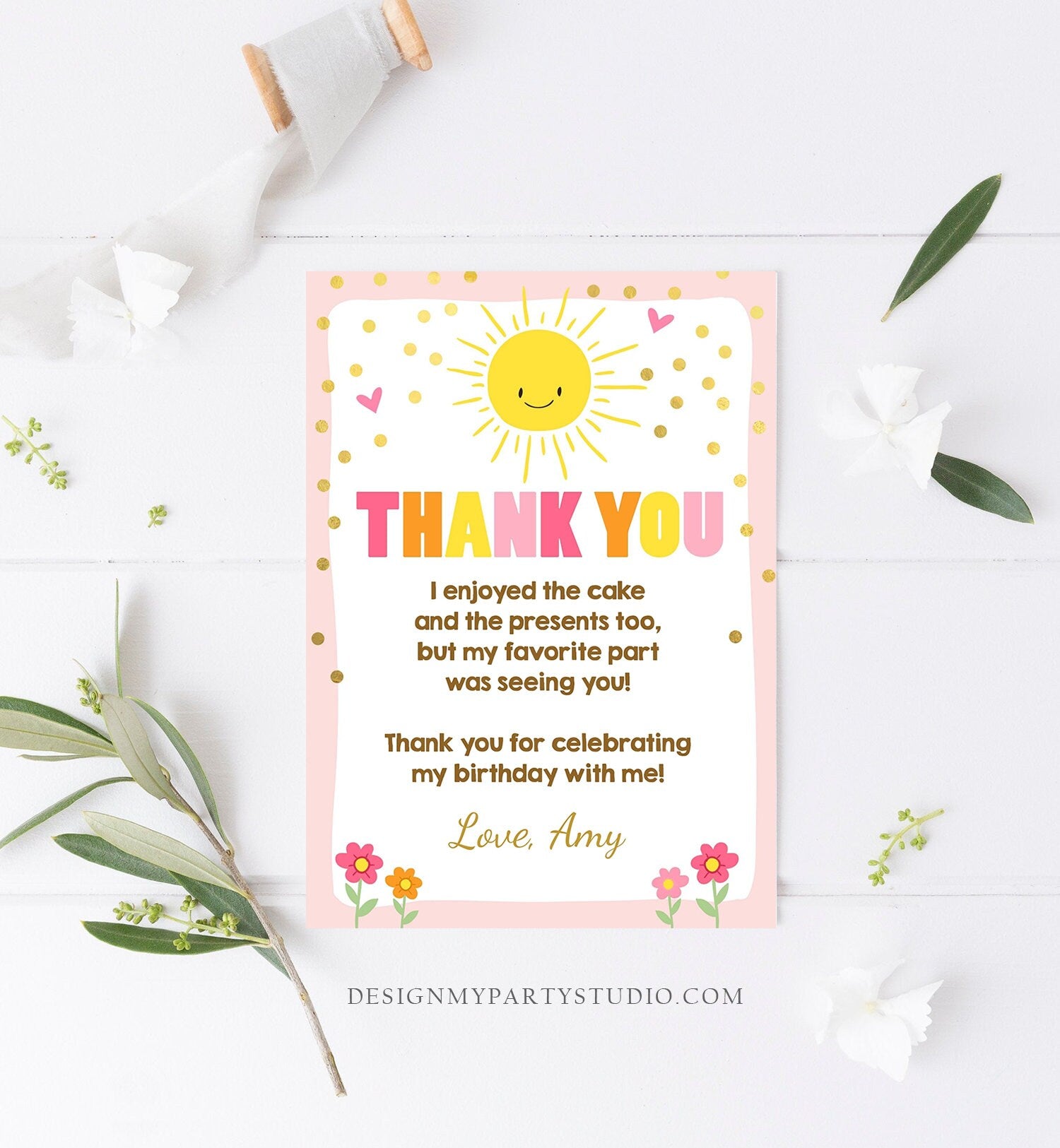 Editable Sunshine Thank you Card Sunshine Lemonade Birthday Summer Sun Pink Thank You Card Birthday Template Instant Download Corjl 0070