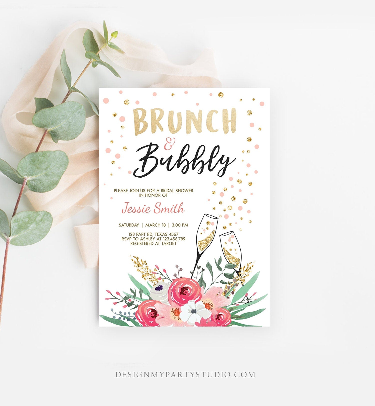 Editable Brunch and Bubbly Bridal Shower Invitation Floral Champagne Tea Party Gold Pink Wedding Digital Download Template Printable 0318