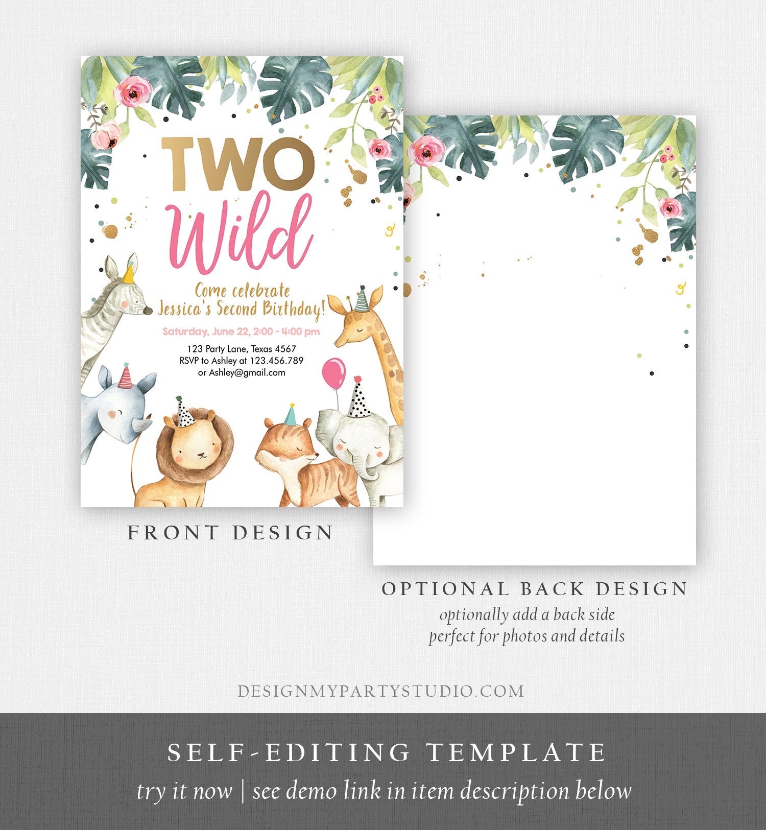 Editable Two Wild Birthday Invitation Safari Animals Girl Second 2nd Birthday Party Animals Digital Download Template Evite Printable 0163