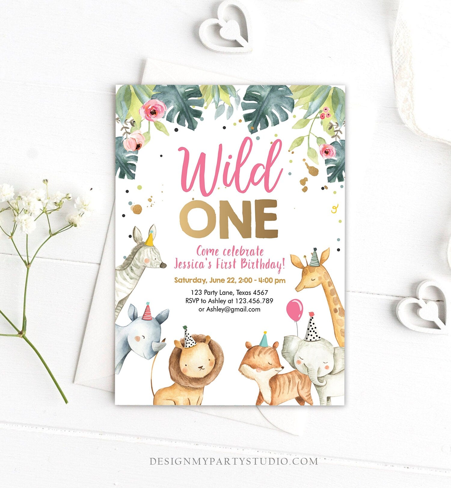 Editable Wild One Birthday Invitation Girl Safari Animals Invite Pink and Gold Party Animals Digital Download Evite Template Printable 0163