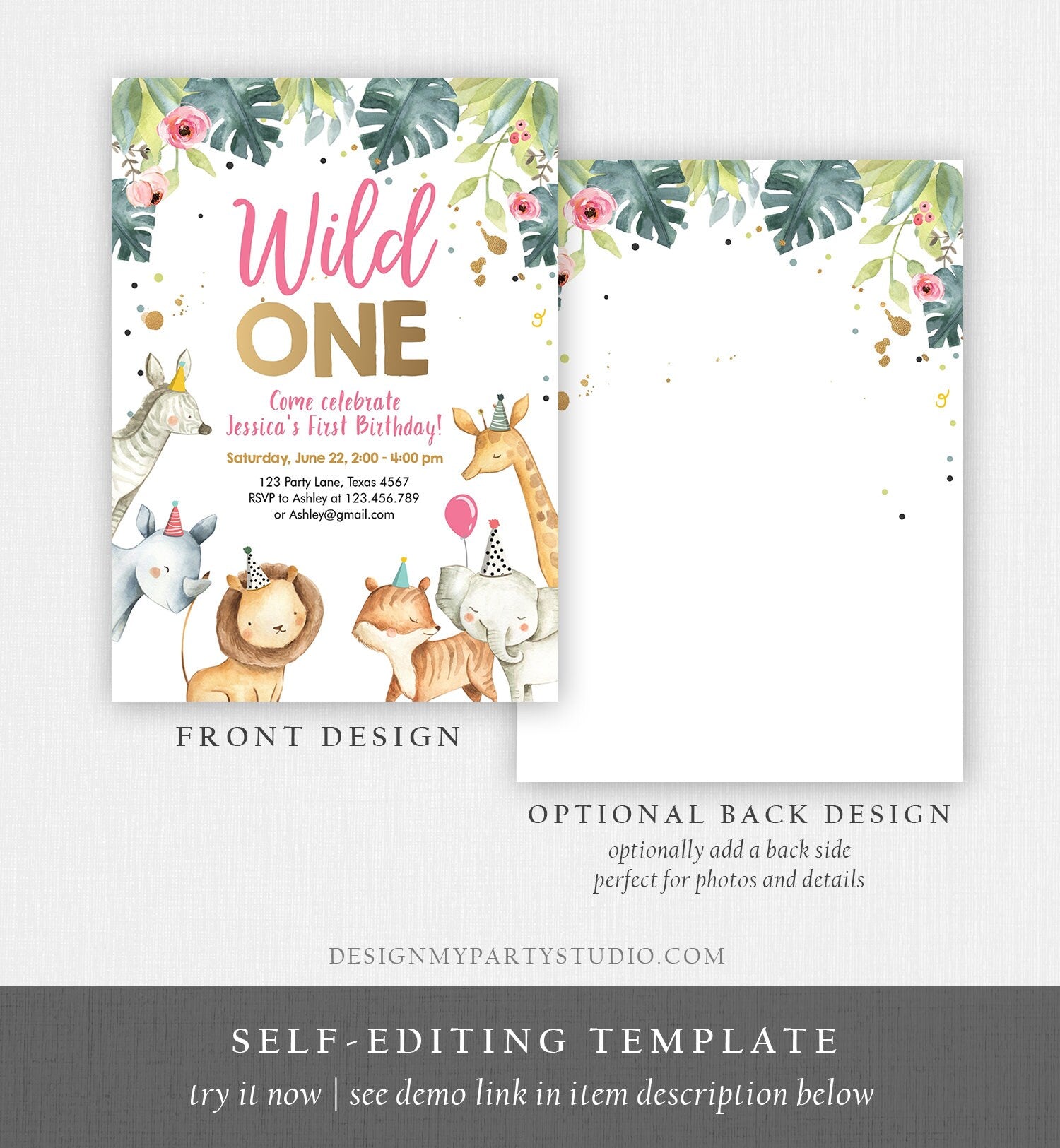 Editable Wild One Birthday Invitation Girl Safari Animals Invite Pink and Gold Party Animals Digital Download Evite Template Printable 0163