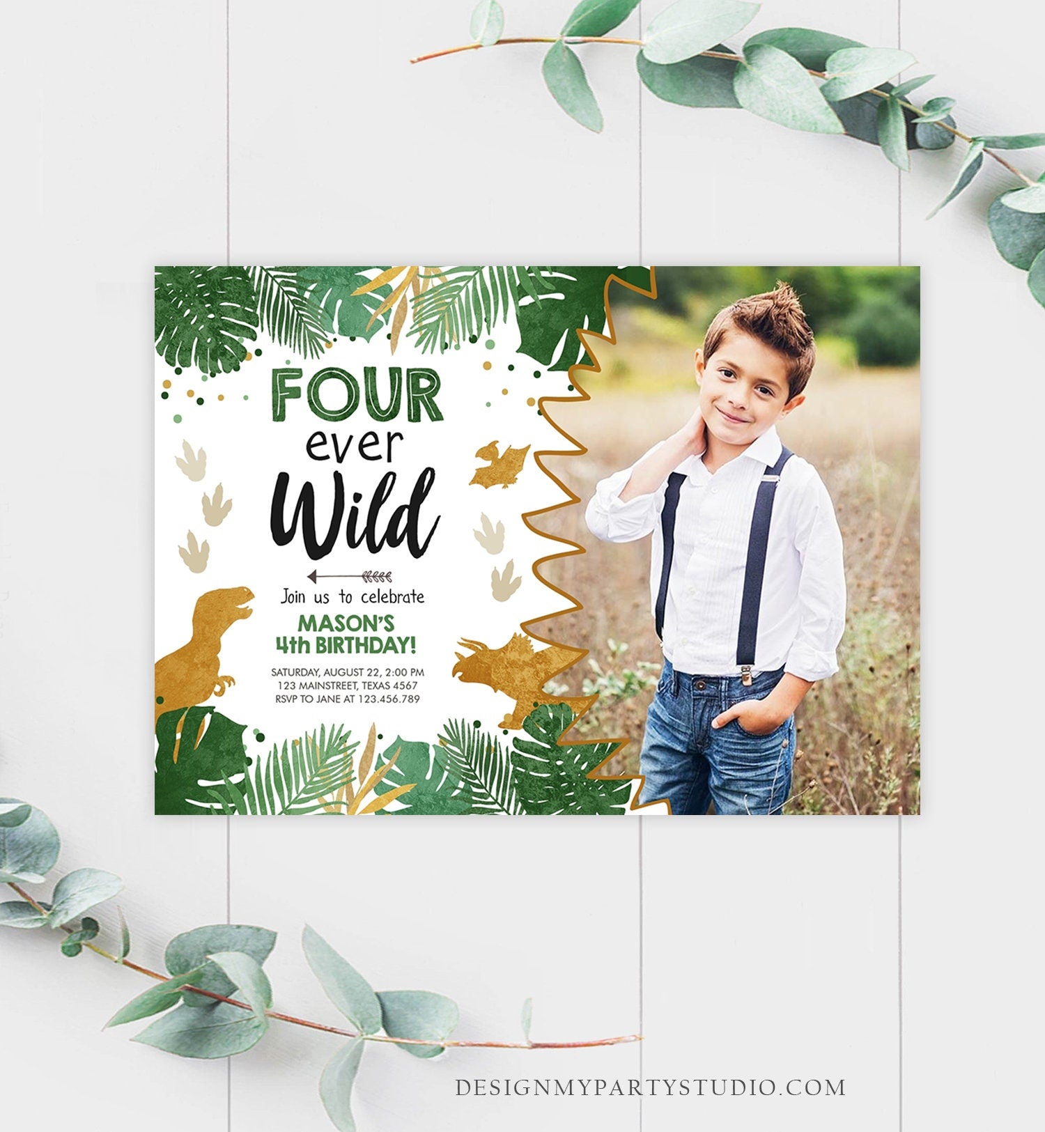 Editable Four Ever Wild Birthday Invitation Dinosaur Dino Party Boy 4th Fourth Birthday Green Gold Fourever Digital Template Printable 0146