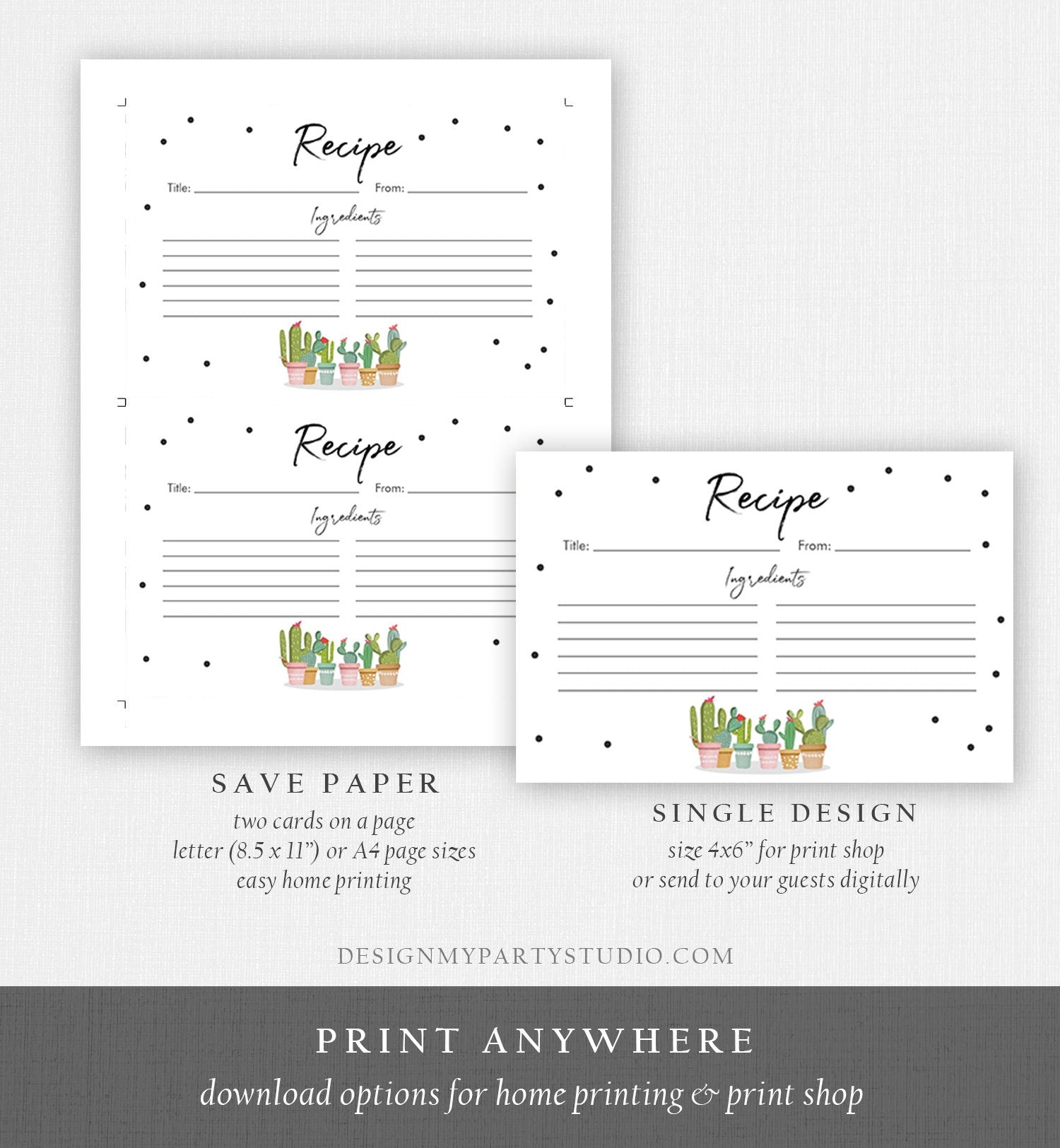 Editable Fiesta Cactus Recipe Cards Fiesta Bridal Shower Baby Succulent Mexican Double Sided 4x6 Digital Download Template Printable 0254