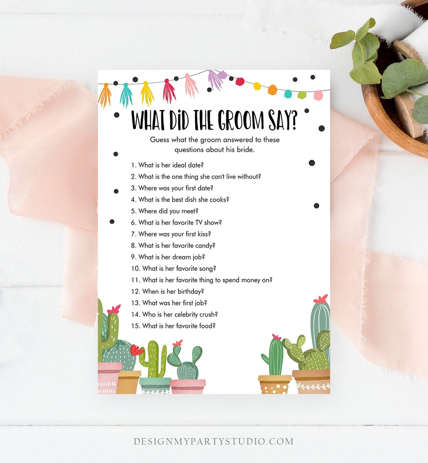 Editable What Did The Groom Say About His Bride Bridal Shower Game Cactus Fiesta Mexican Coed Activity Digital Template Printable 0254