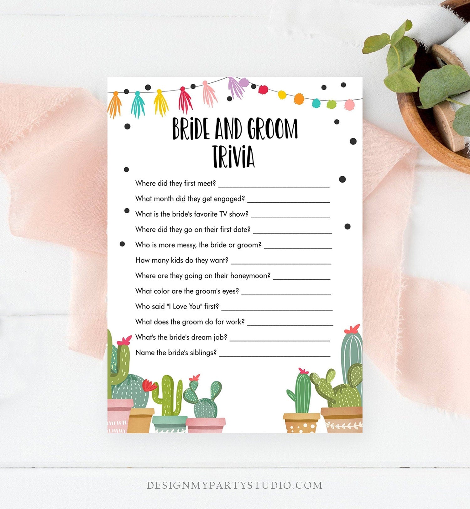 Editable Bride and Groom Trivia Bridal Shower Game Cactus Fiesta Mexican Coed Shower Games Wedding Activity Digital Template Printable 0254