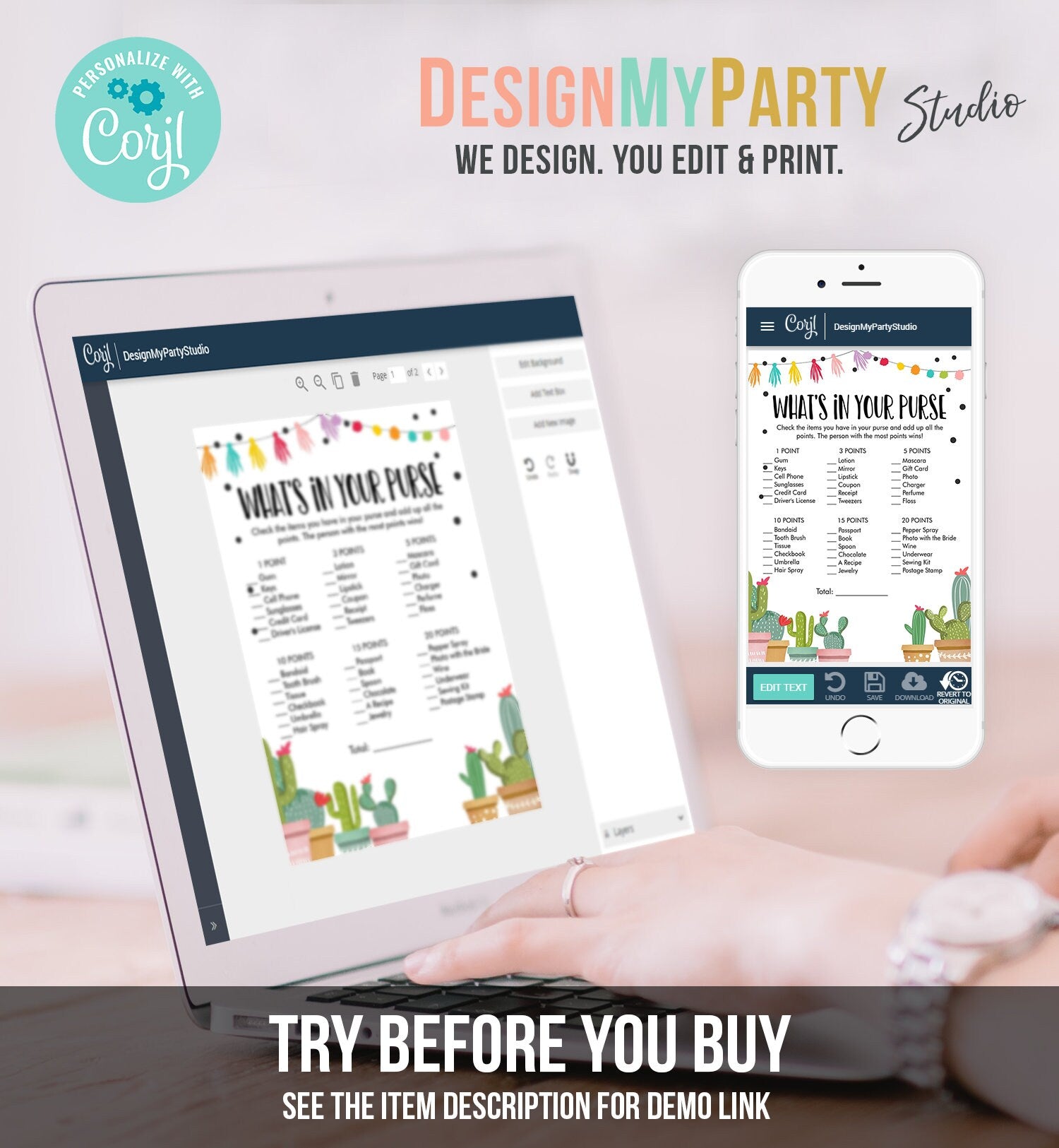 Editable What's in Your Purse Bridal Shower Game Cactus Fiesta Mexican Couples Succulent Wedding Activity Digital Template Printable 0254