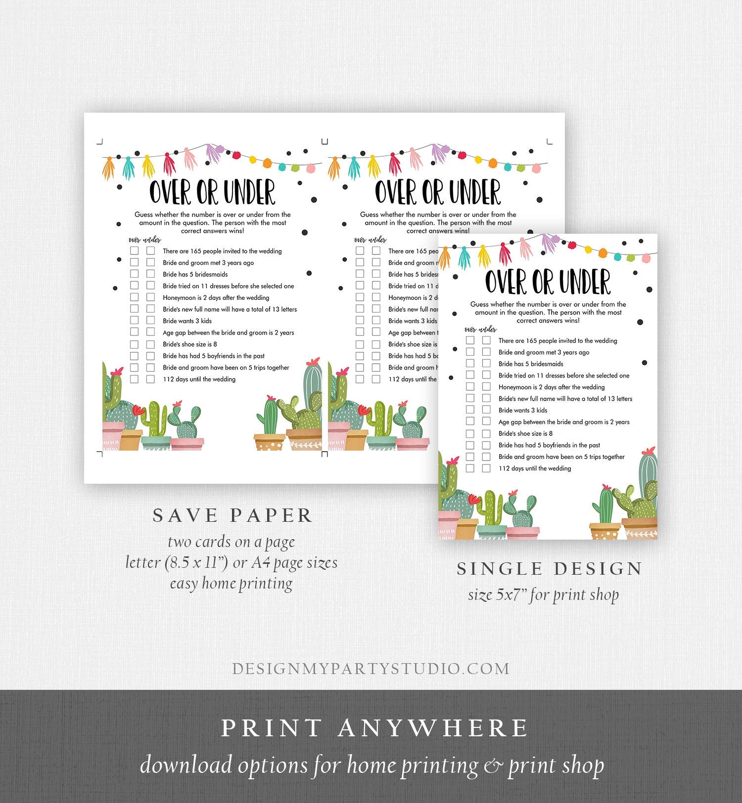 Editable Over or Under Bridal Shower Game Cactus Fiesta Mexican Coed Shower Games Succulent Wedding Activity Corjl Template Printable 0254