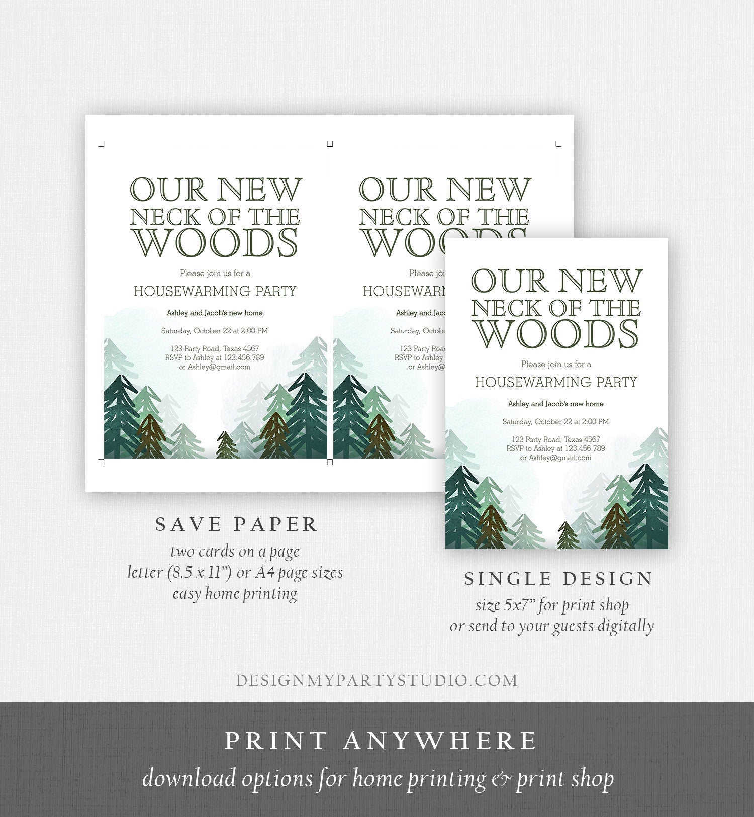 Editable Housewarming Party Invitation Our New Neck of the Woods Forest Winter Fall Party Rustic Download Corjl Template Printable 0295