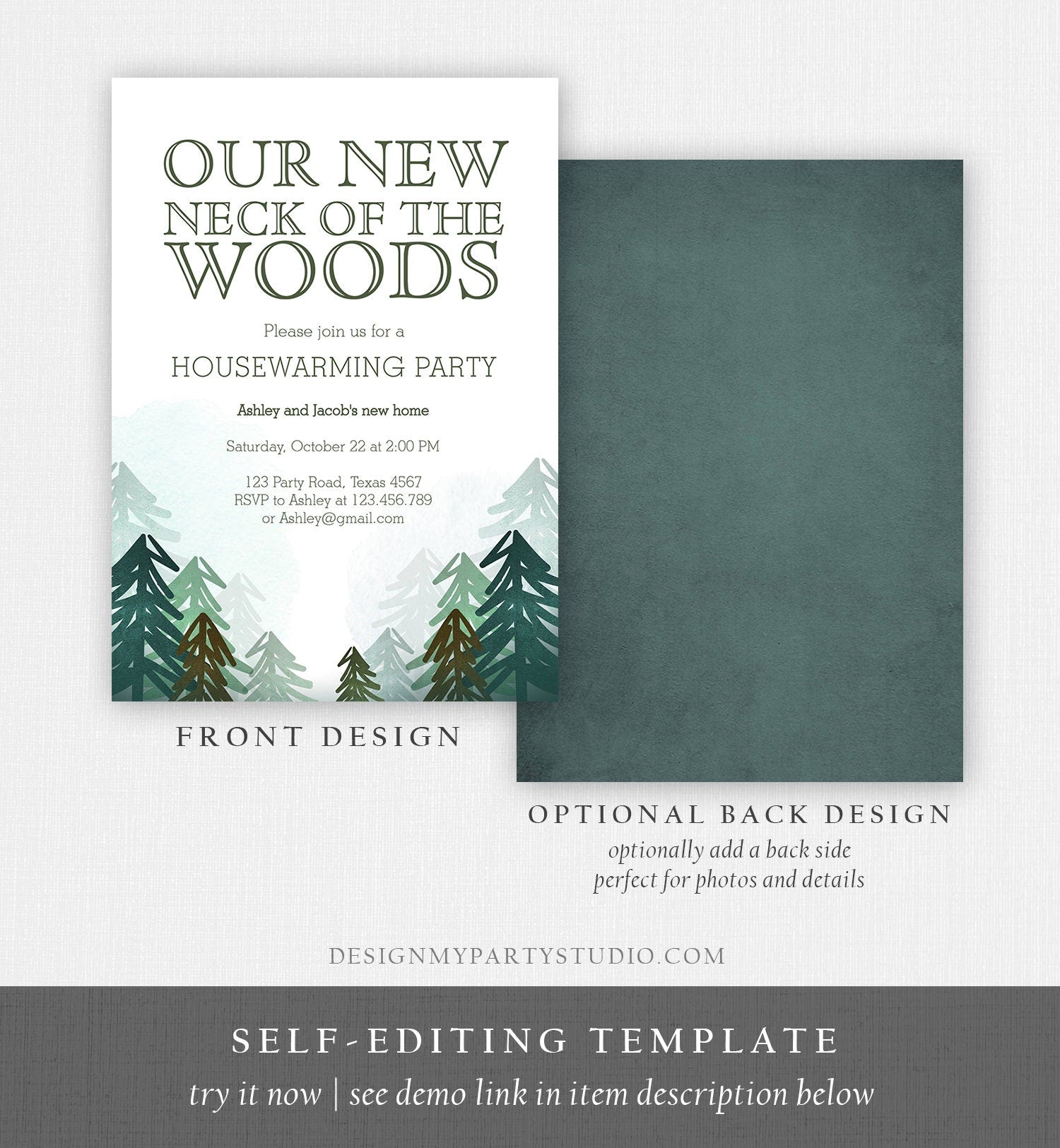 Editable Housewarming Party Invitation Our New Neck of the Woods Forest Winter Fall Party Rustic Download Corjl Template Printable 0295