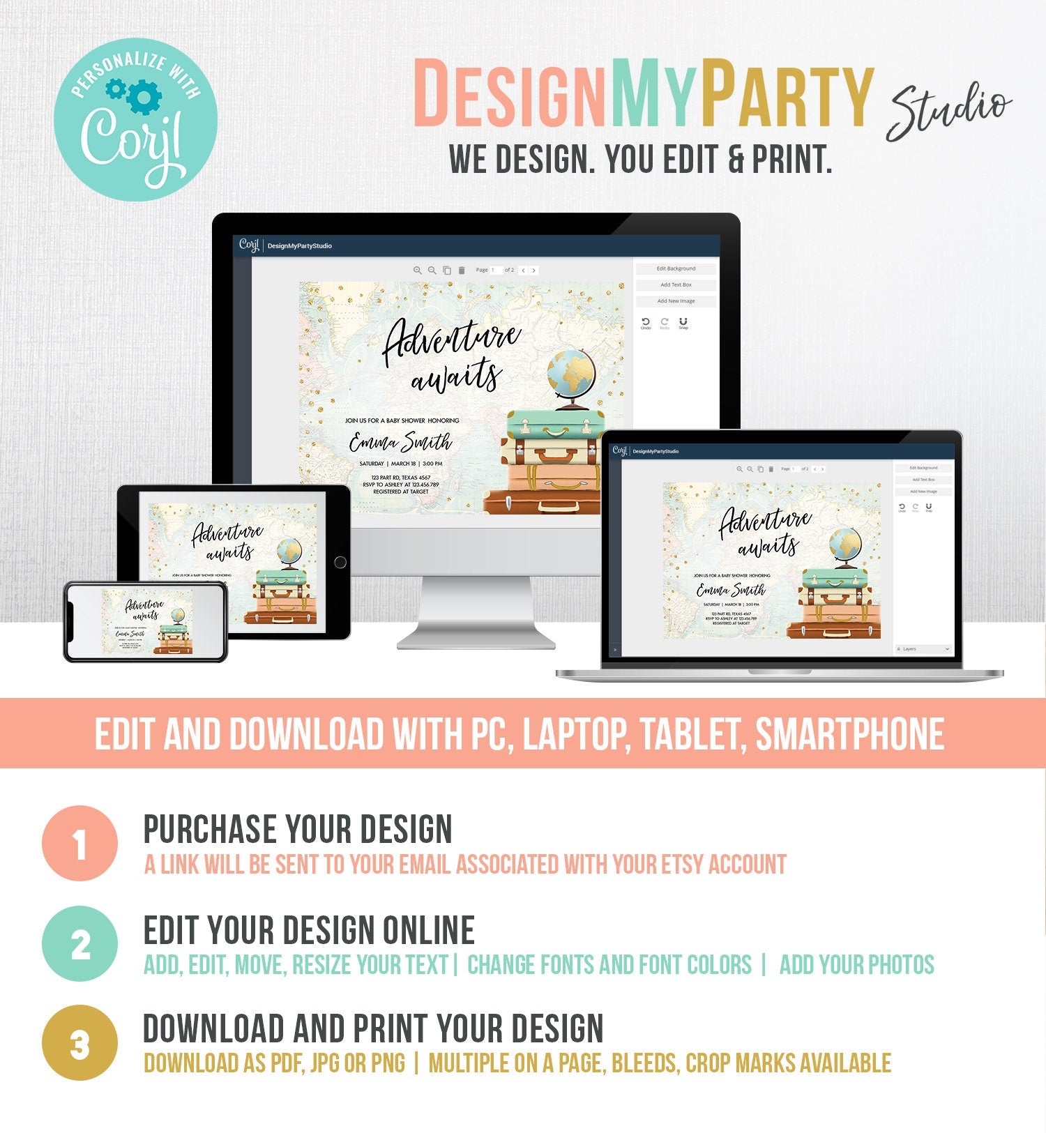 Editable Adventure Awaits Baby Shower Invitation Sprinkle Gold Confetti Suitcases Globe Travel Around World Printable Corjl Template 0263