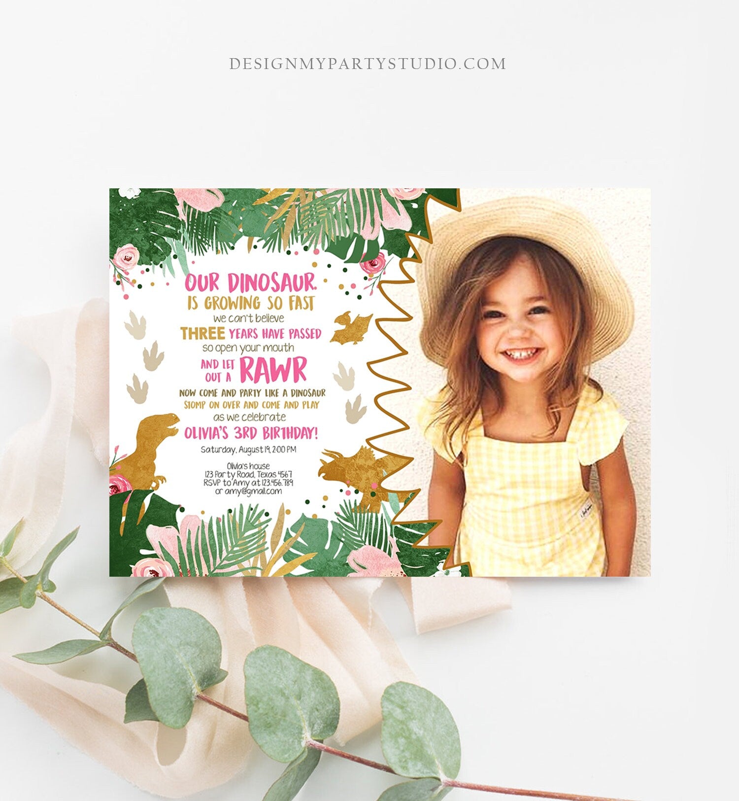 Editable Dinosaur Birthday Invitation ANY AGE Dino Dig Party Prehistoric Girl Pink Gold T-Rex Photo Digital Download Template Printable 0146