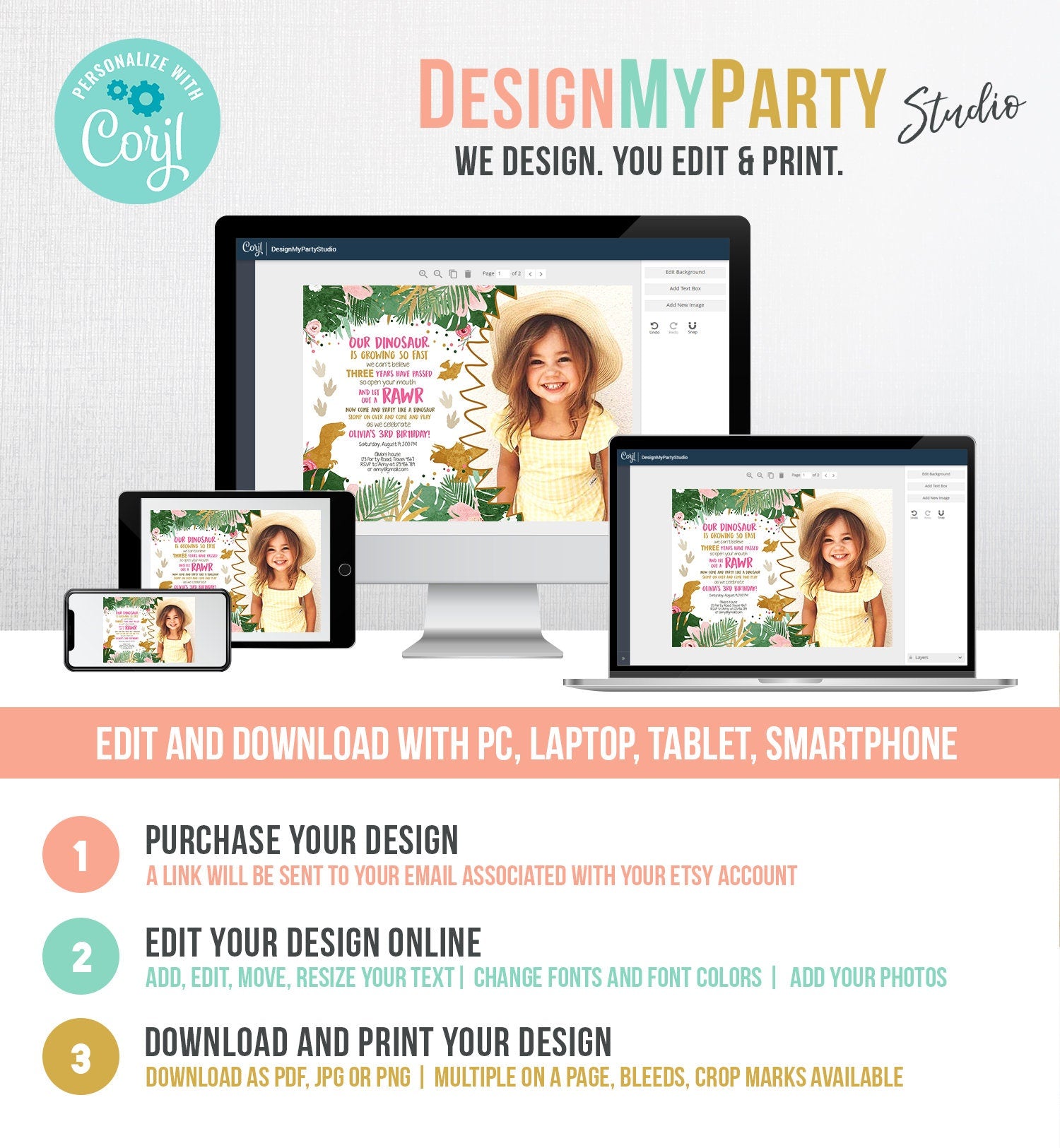 Editable Dinosaur Birthday Invitation ANY AGE Dino Dig Party Prehistoric Girl Pink Gold T-Rex Photo Digital Download Template Printable 0146