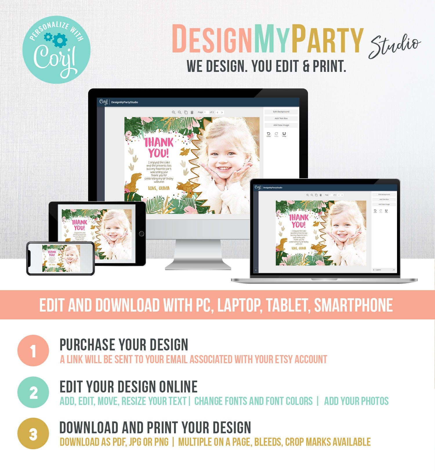 Editable Dinosaur Thank You Card Birthday Note Pink Gold Girl Dino Party T-Rex Photo Instant Download Printable Corjl Template Digital 0146