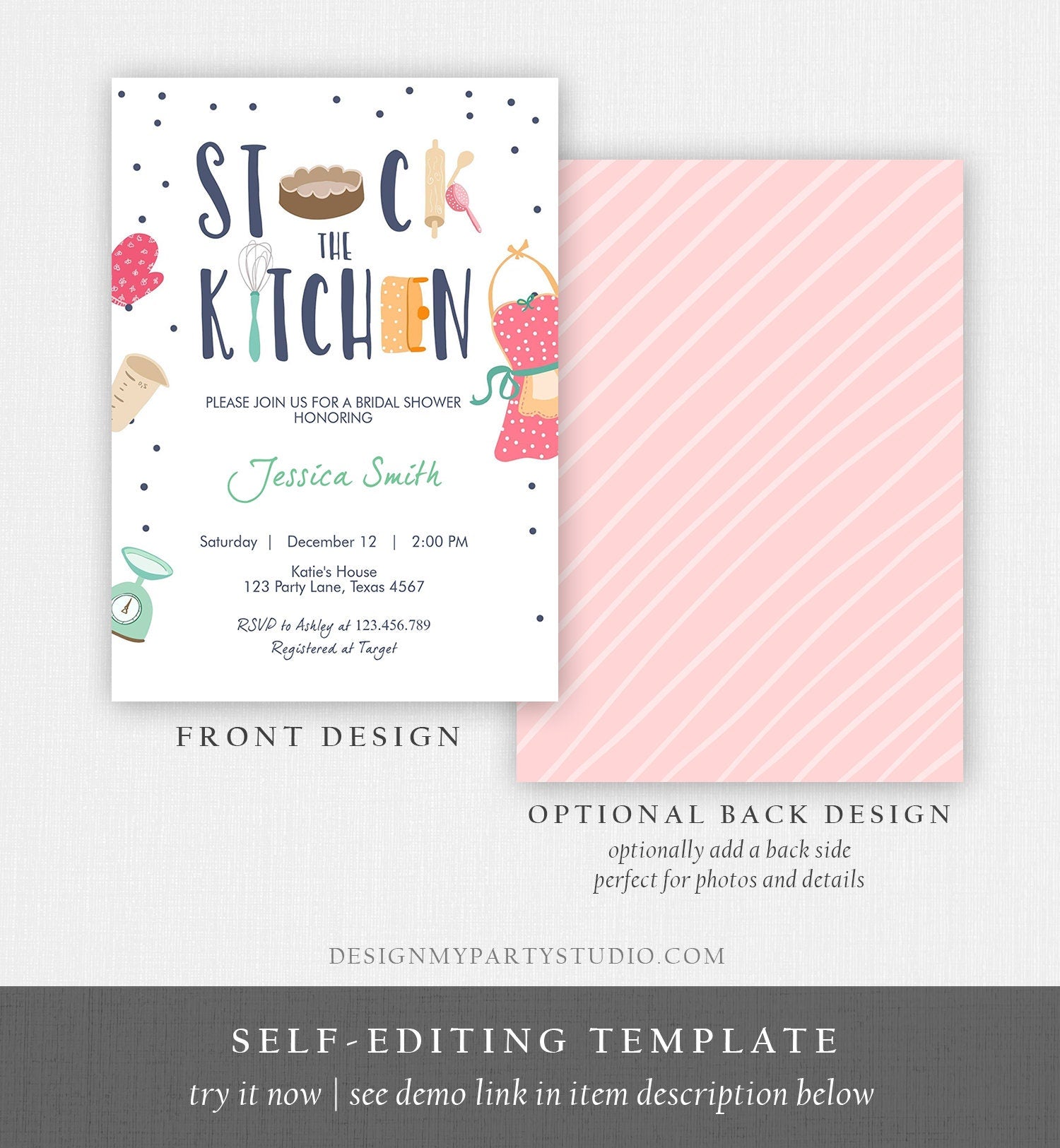 Editable Stock the Kitchen Bridal Shower Invitation Cooking Kitchen Shower Pink Invite Pots and Pans Download Printable Template Corjl 0219