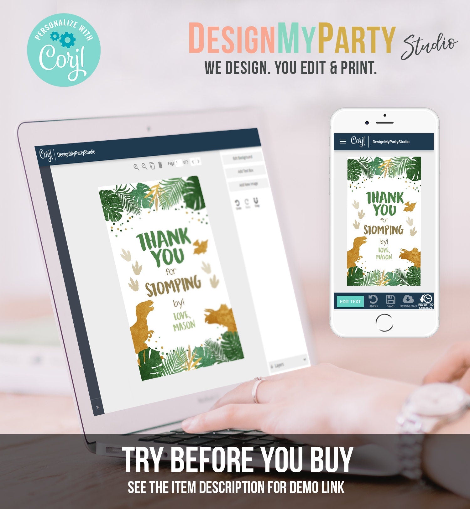 Editable Dinosaur Favor Tags Gift Tag Boy Green Gold Thank You for Stomping By Tag Birthday Dino Party T-Rex Digital Template Printable 0146