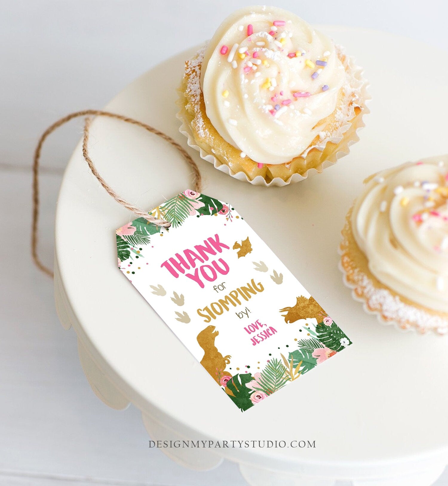 Editable Dinosaur Favor Tags Gift Tag Girl Pink Gold Thank You for Stomping By Tag Birthday Dino Party T-Rex Digital Template Printable 0146