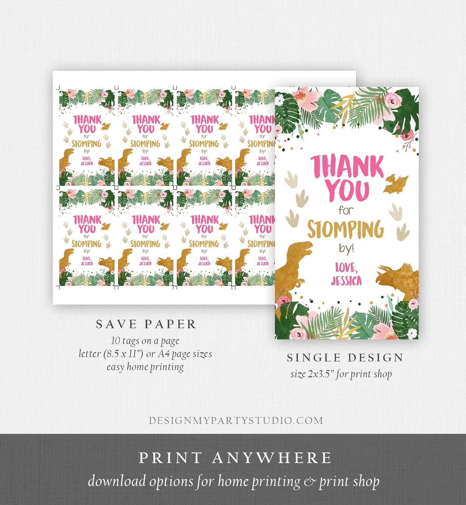 Editable Dinosaur Favor Tags Gift Tag Girl Pink Gold Thank You for Stomping By Tag Birthday Dino Party T-Rex Digital Template Printable 0146