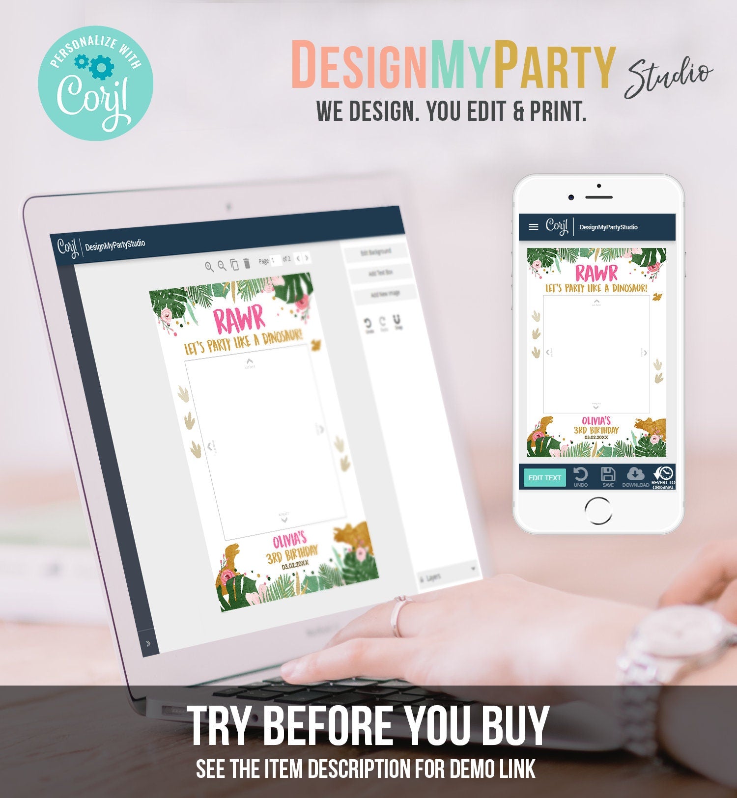 Editable Dinosaur Birthday Photo Prop Frame Pink Gold Girls Birthday Dino Party Photo Booth Decor RAWR Digital Template Printable 0146